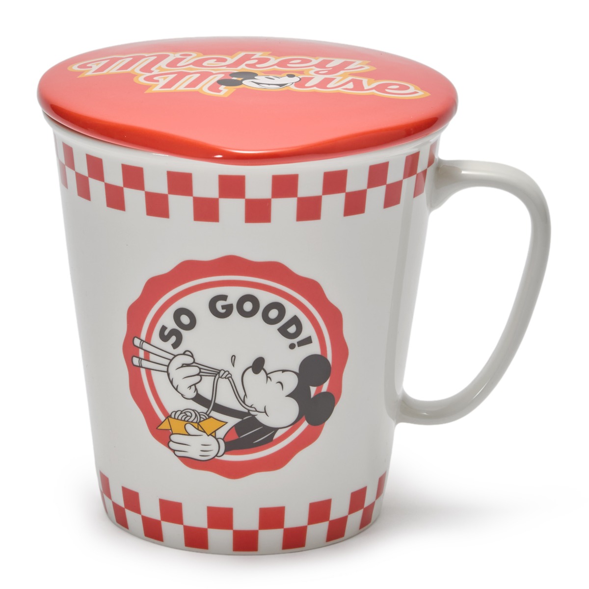 White and red Mickey Mouse noodle mug with matching lid