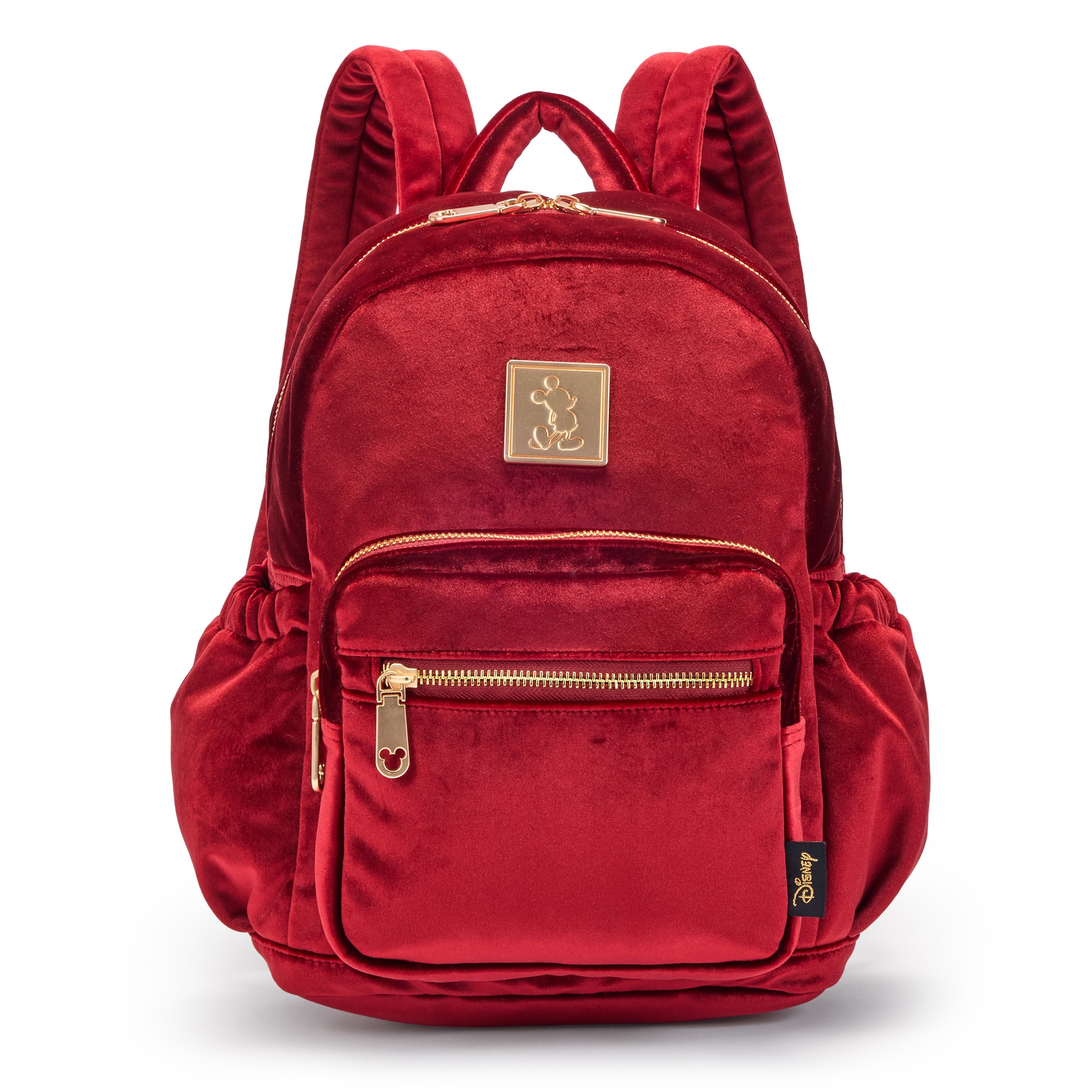 Deep crimson Mickey Mouse velvet mini backpack with rose goldtone hardware and an embossed Mickey plaque