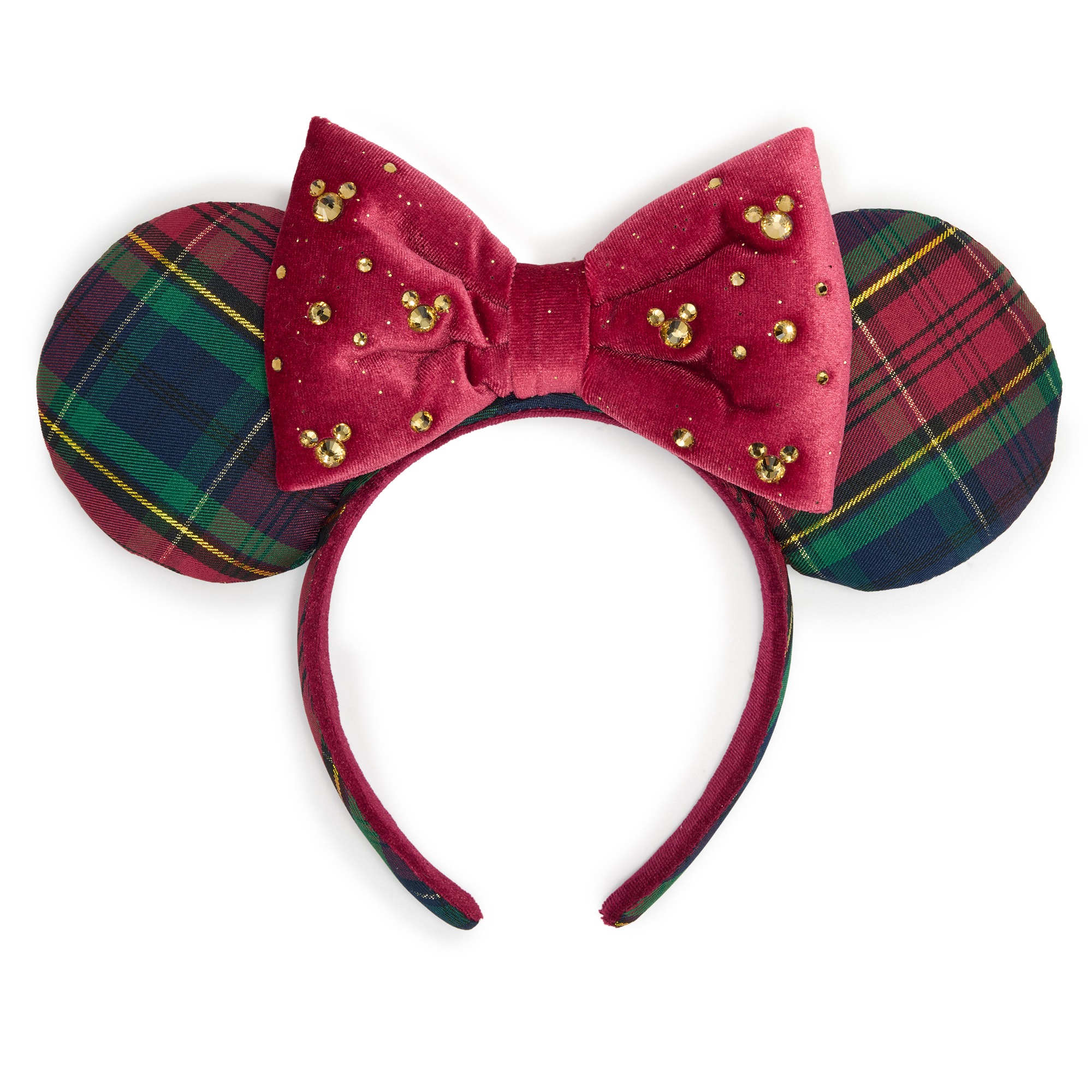 Minnie Mouse holiday ear headband with plaid padded ears and a red velvet bow decorated with gold rhinestone Mickey icons