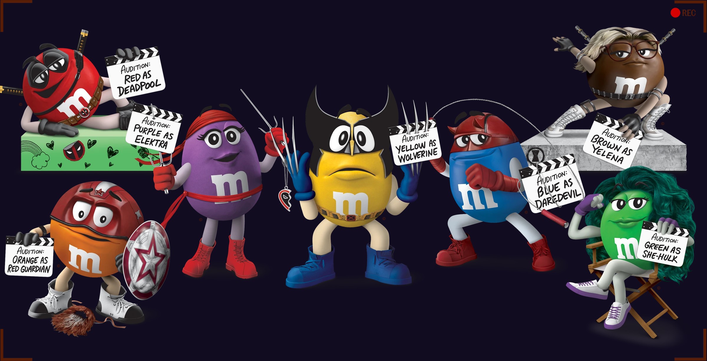 M&M’S characters dressed as Marvel heroes including Deadpool, Elektra, Wolverine, Daredevil, Yelena and She-Hulk