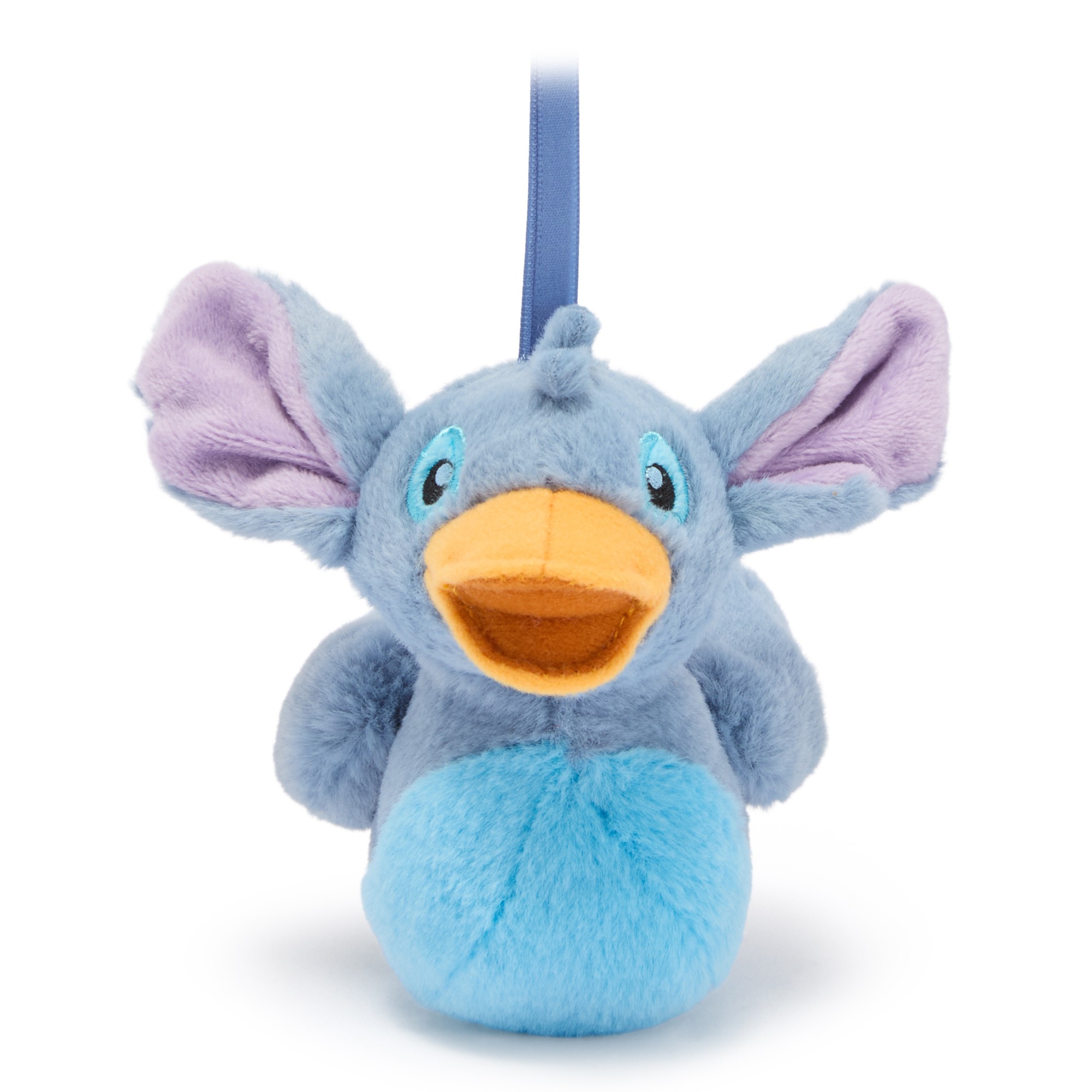 Stitch reimagined as a blue plush duckling ornament with floppy ears, orange bill and satin hanging ribbon