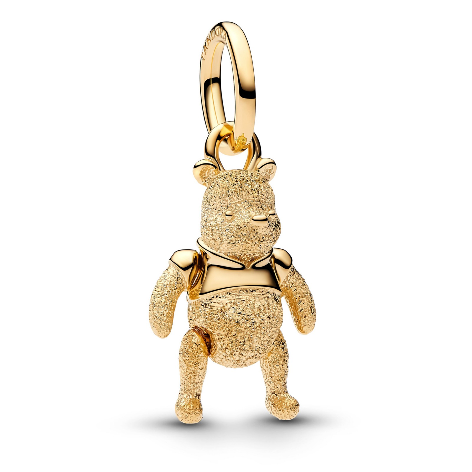 Gold-plated Winnie the Pooh Pandora charm on a white background