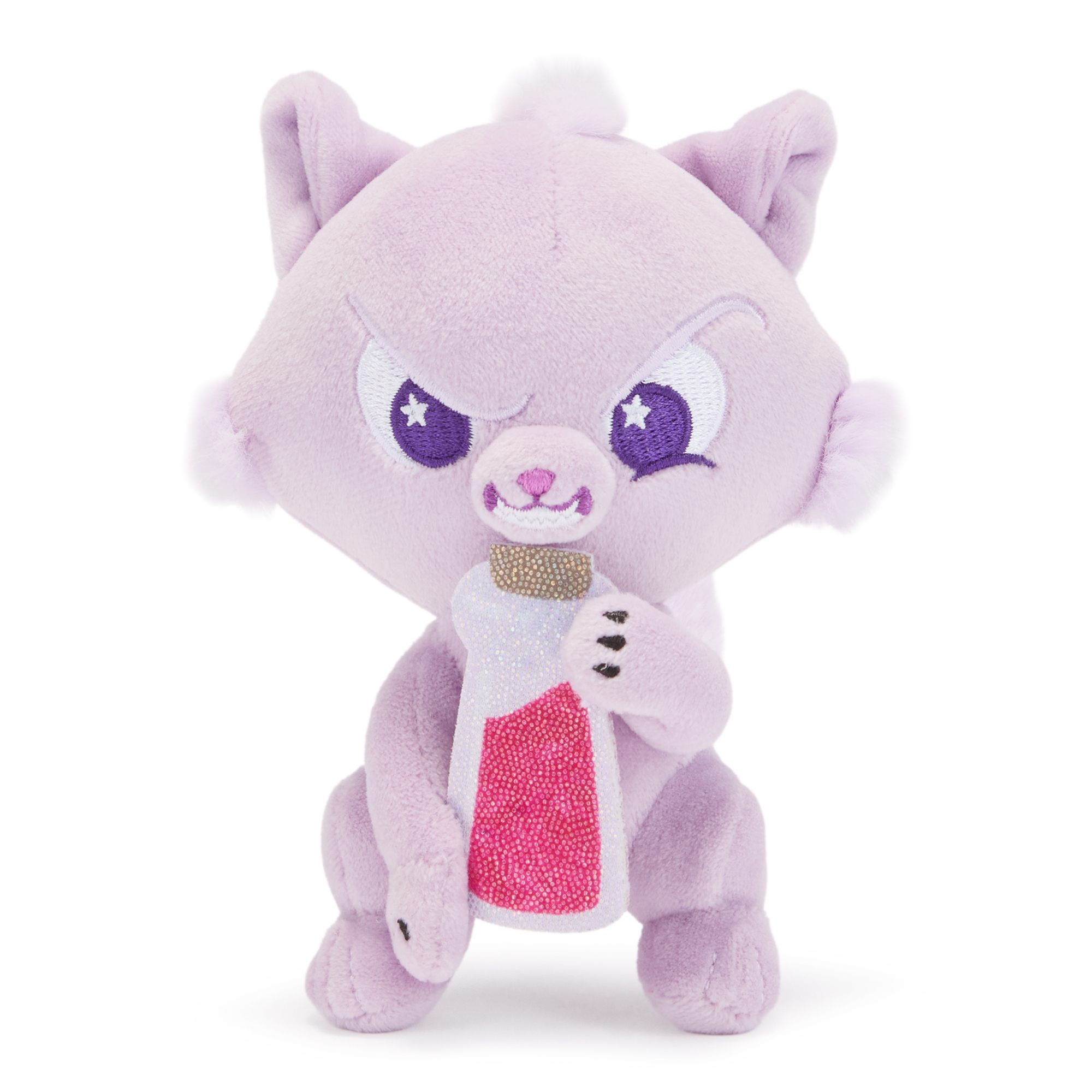 Lavender Yzma cat Wishables plush holding a pink potion bottle with shimmering accents