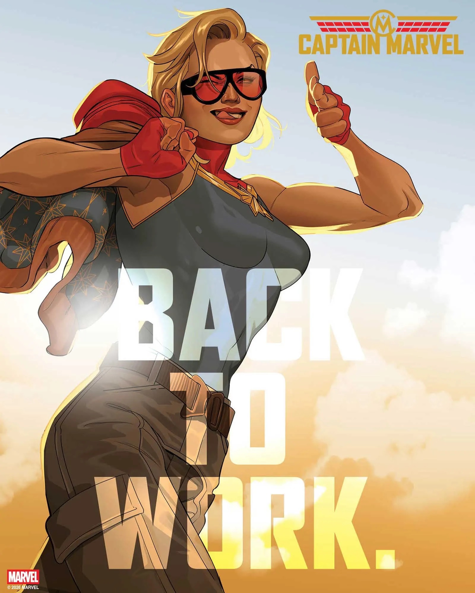 Captain Marvel in sunglasses and a flight jacket in promotional art by Rachael Stott