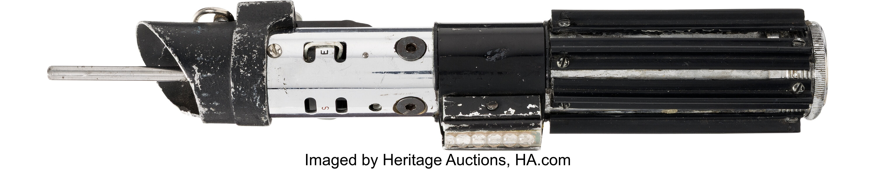 Darth Vader's screen-matched dueling lightsaber photographed for the Heritage Auctions lot