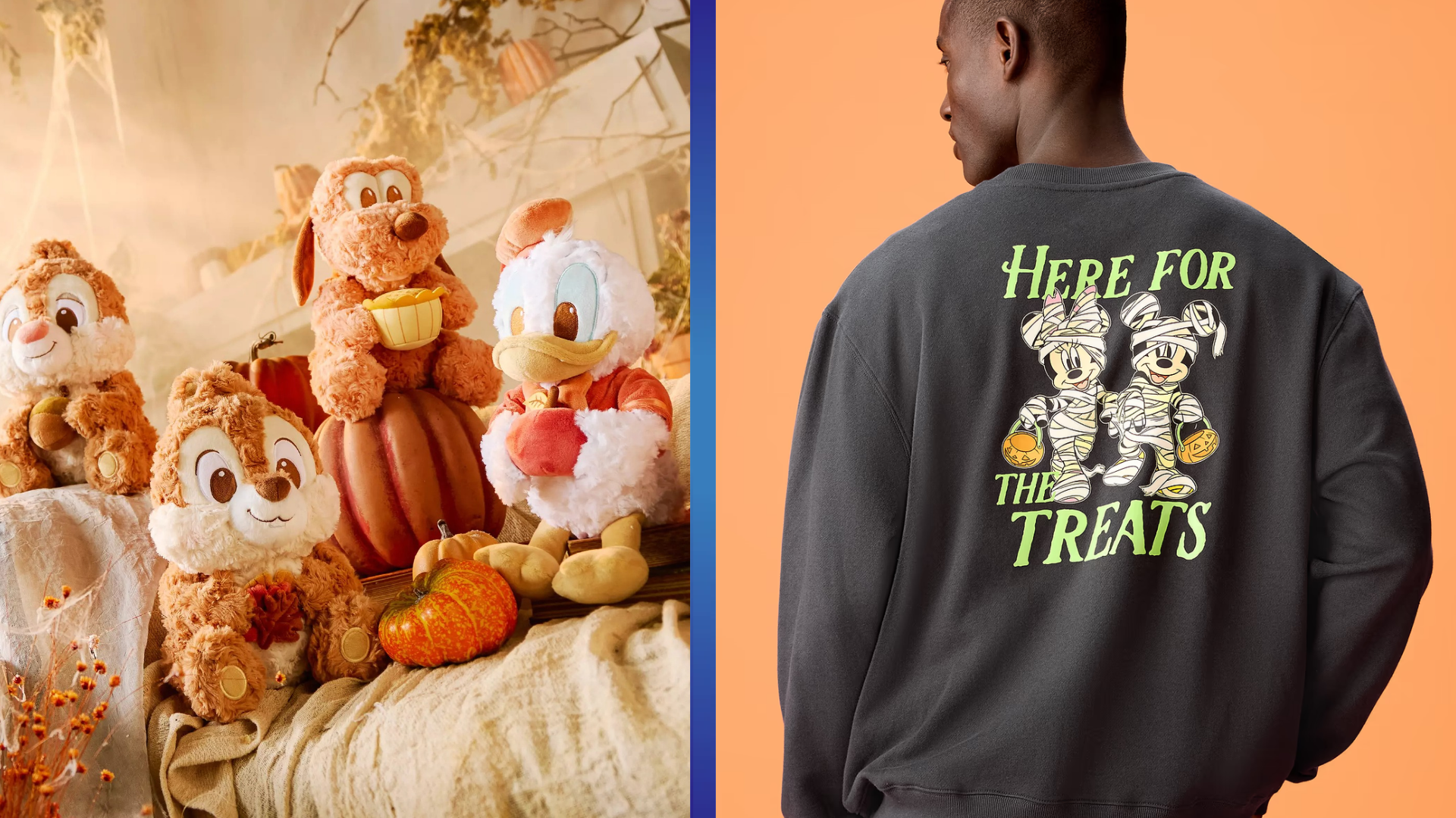 Disney Halloween merchandise with character plush and a Mickey and Minnie mummy sweatshirt