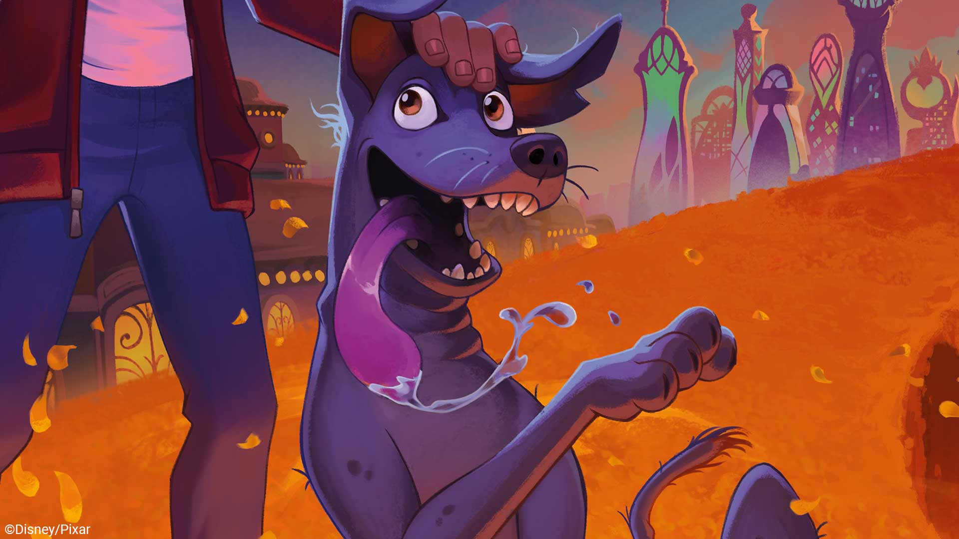 A Disney Lorcana character running through the colorful streets of Hyperia City