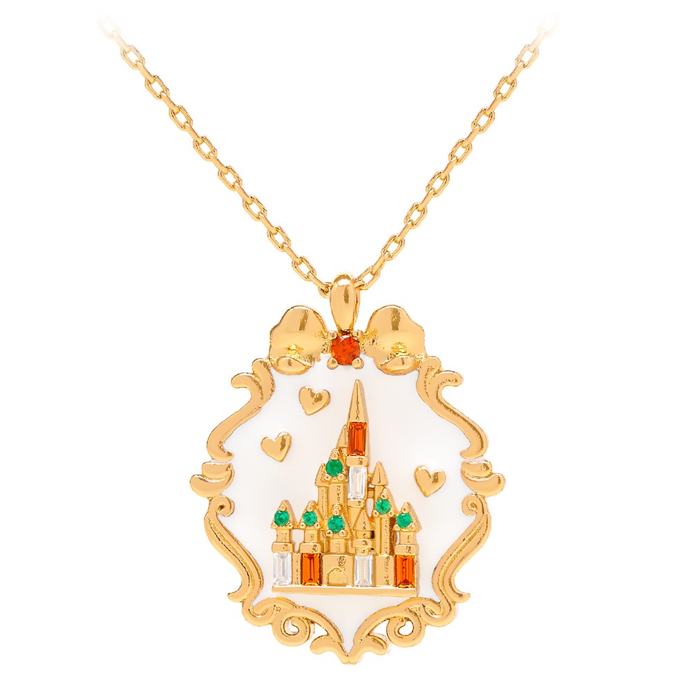 Gold-plated Fantasyland Castle pendant necklace with white enamel and red, green and clear stones