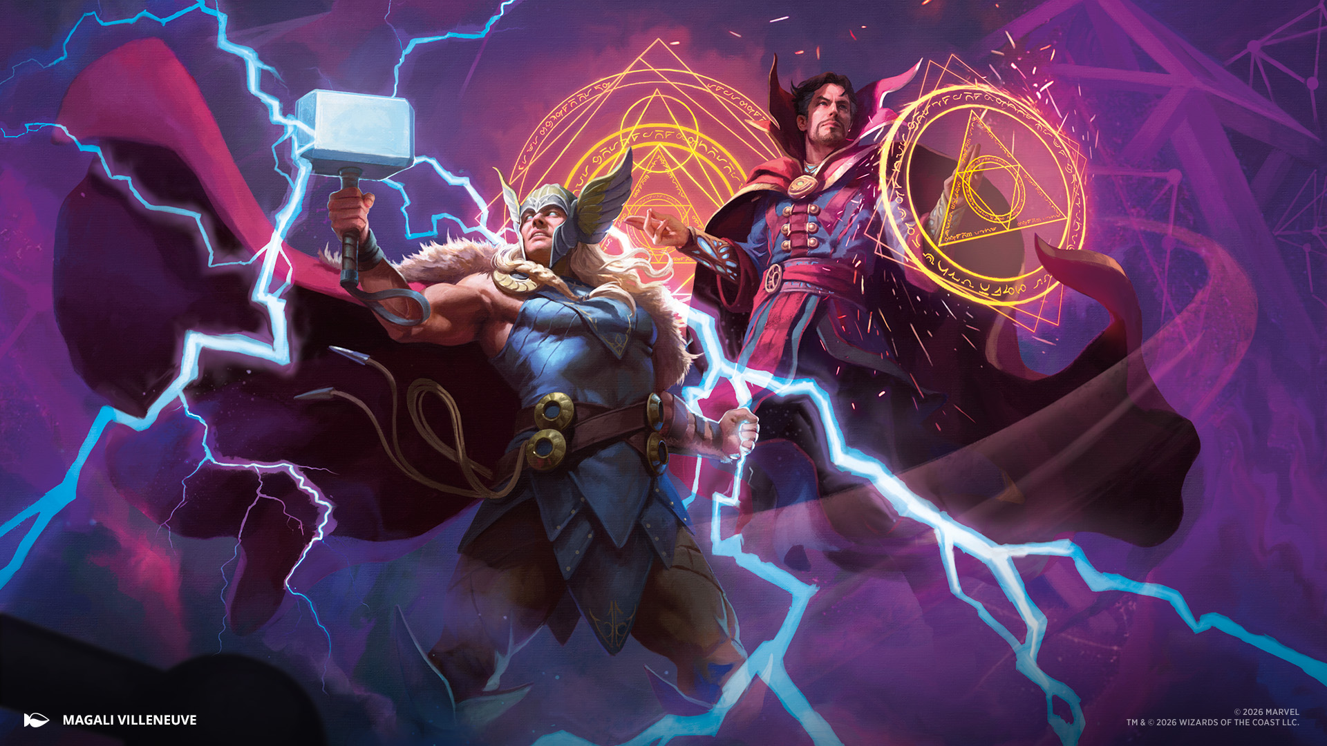 Thor and Doctor Strange surrounded by lightning and glowing spell circles in Marvel Darkhold Destiny artwork