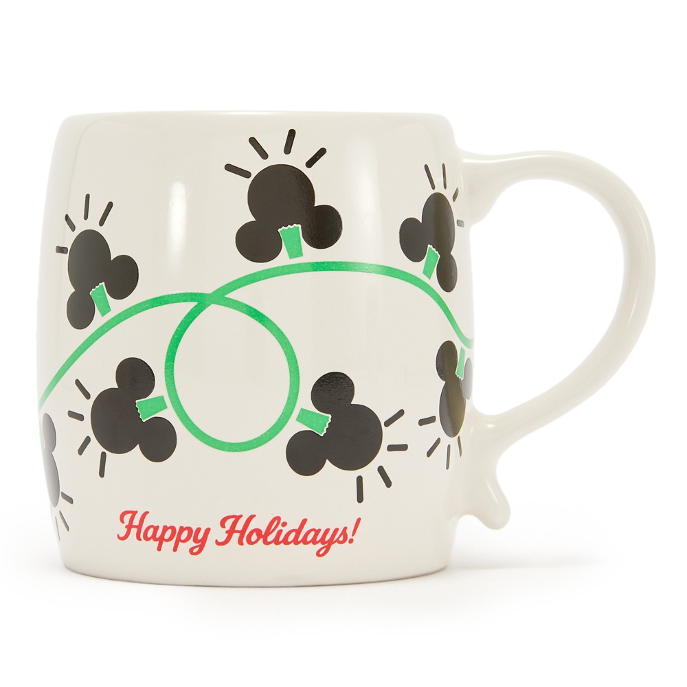 White Mickey Mouse holiday mug with black Mickey icon bulbs and a green string-light cable