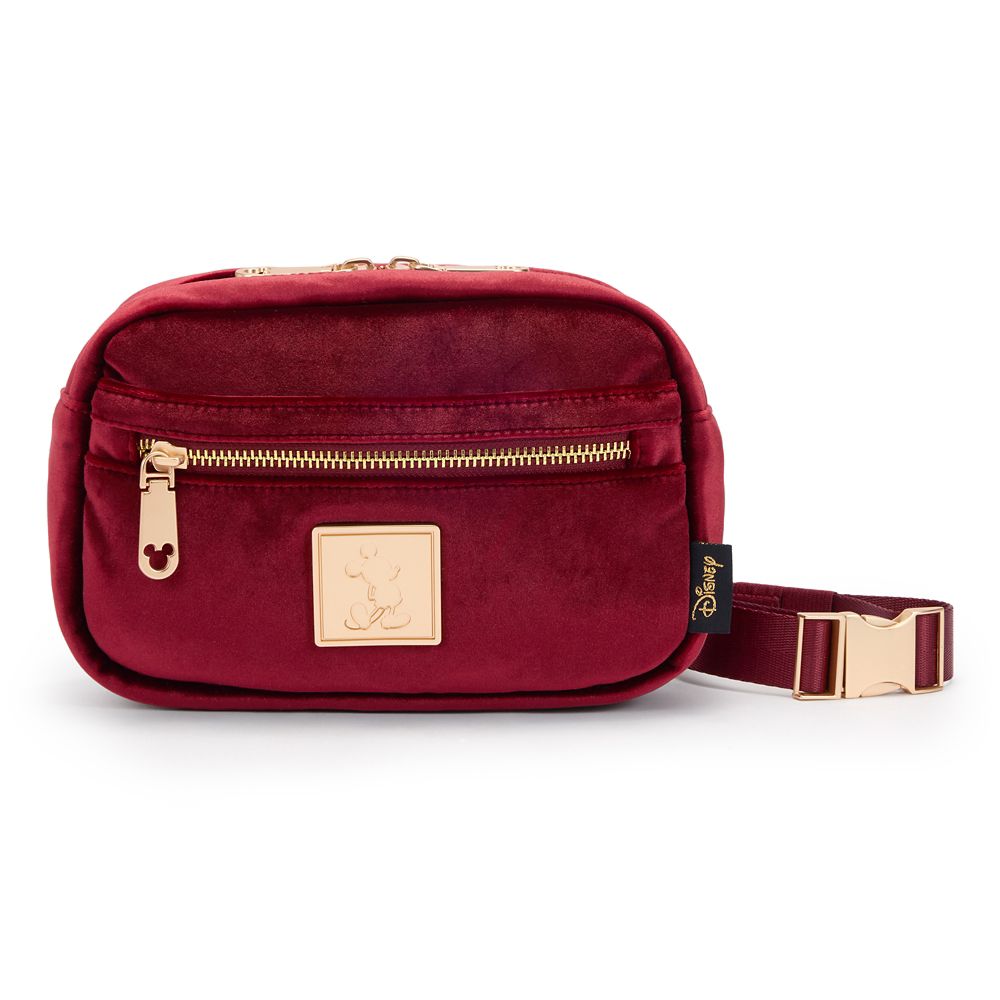 Deep crimson Mickey Mouse velvet hip pack with rose goldtone hardware and an embossed Mickey plaque