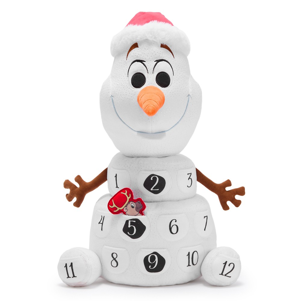 Olaf plush Christmas countdown calendar with 12 numbered pockets and a red Santa hat