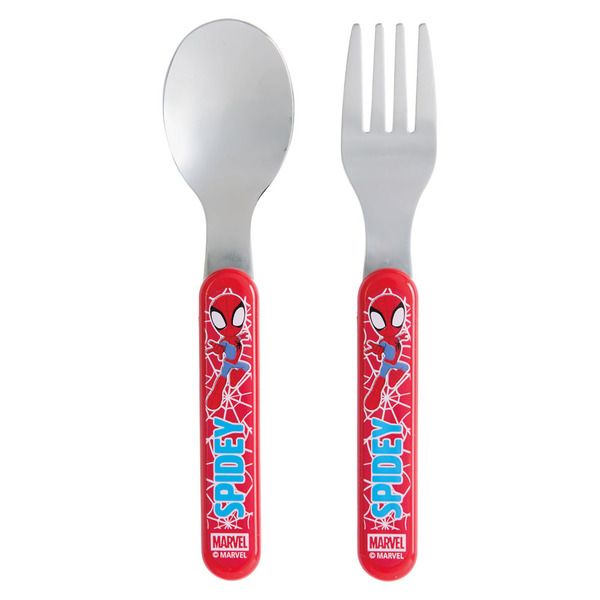 Spidey-themed fork and spoon from the ALDI product listing