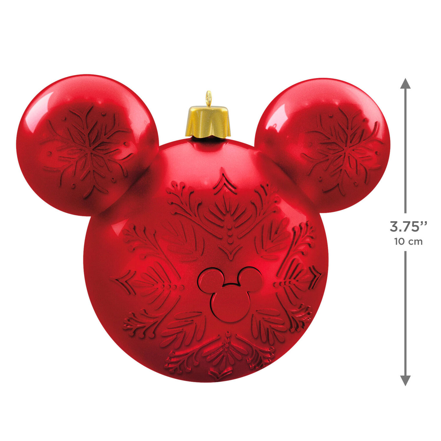 Front view of the red Mickey-ears ornament with its height marked at 3.75 inches.