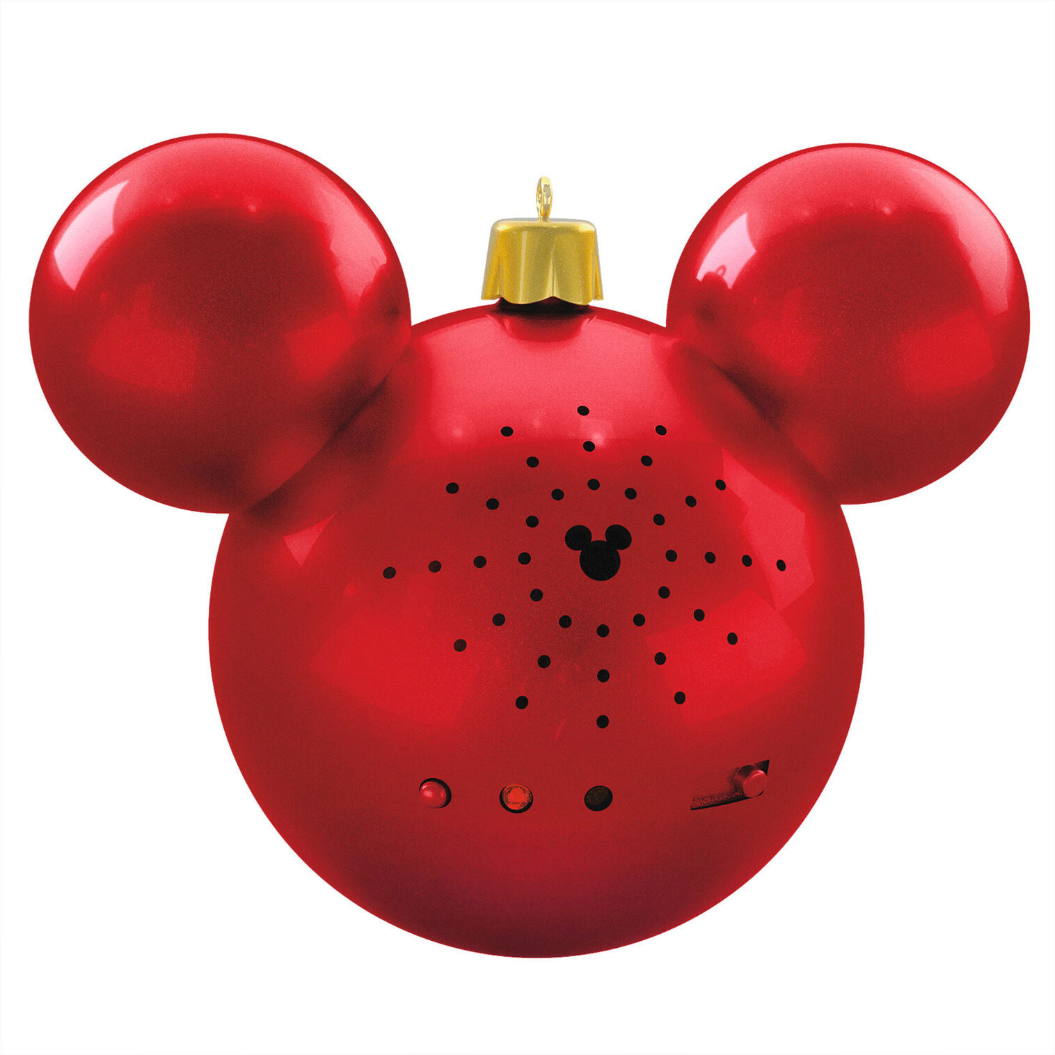Back of the red Mickey-ears ornament with its speaker, controls and lock switch.