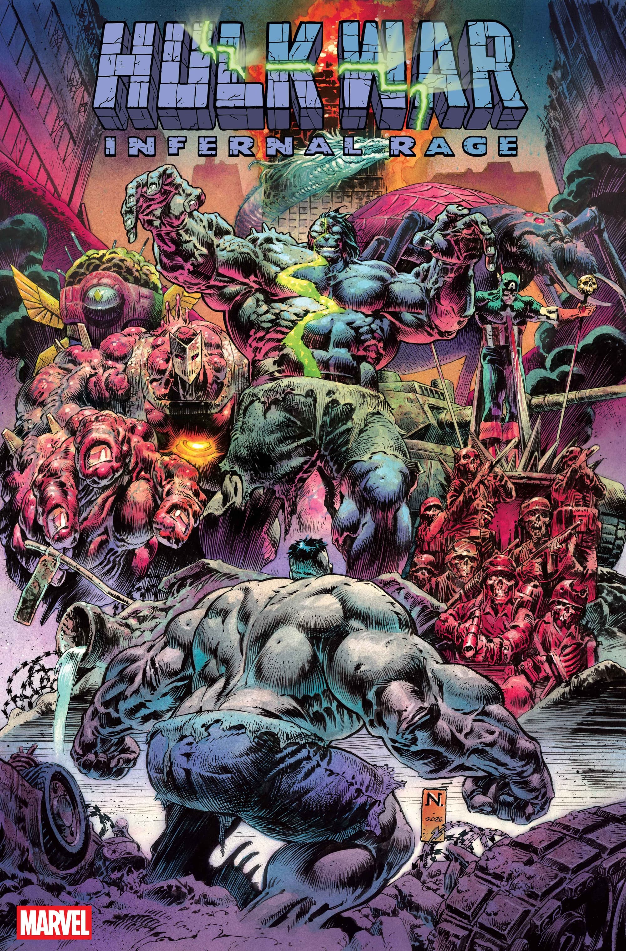 Nic Klein cover art for Hulk War: Infernal Rage #1 showing Infernal Hulk and corrupted Marvel heroes