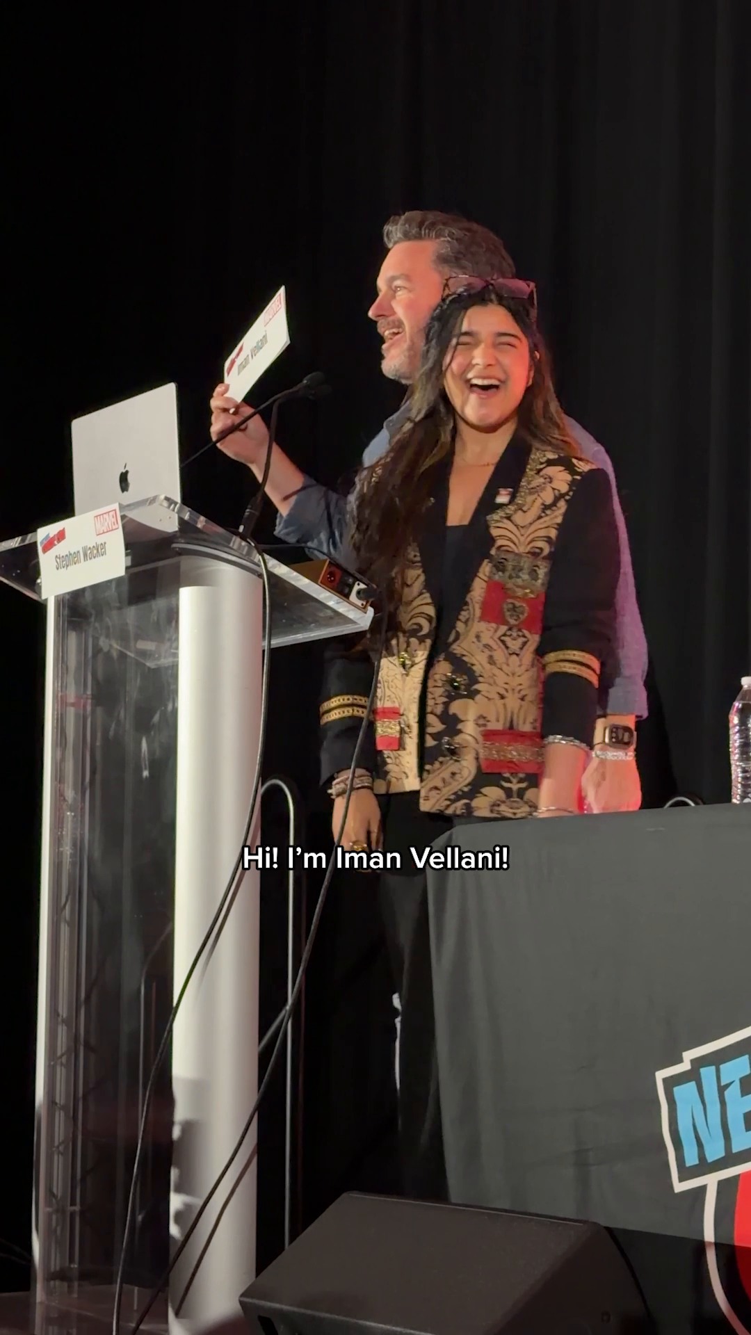 Iman Vellani and Stephen Wacker at Marvel’s House of Ideas panel during New York Comic Con