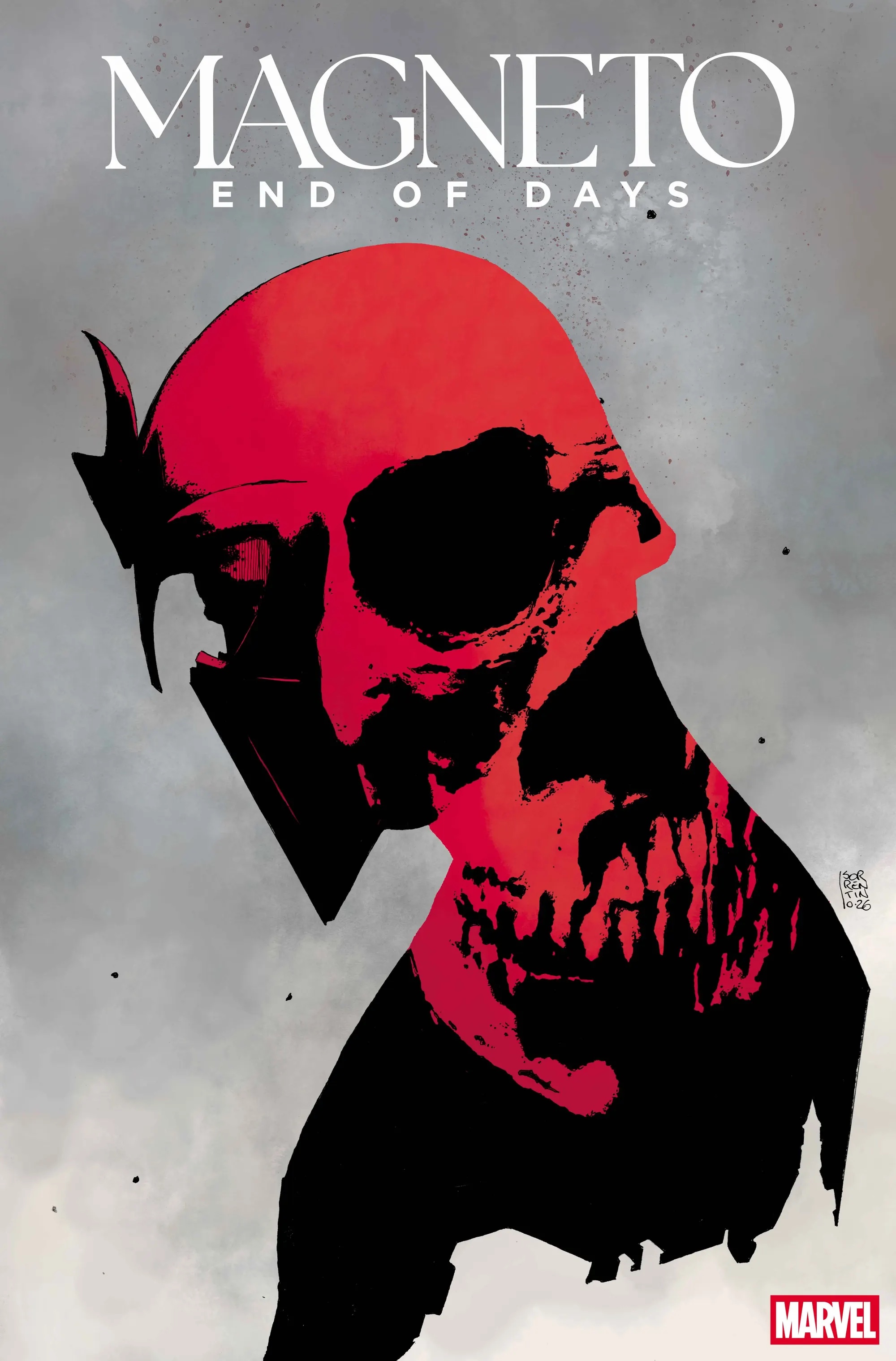 Andrea Sorrentino cover art for Magneto: End of Days #1 showing a split portrait of Magneto and a red skull