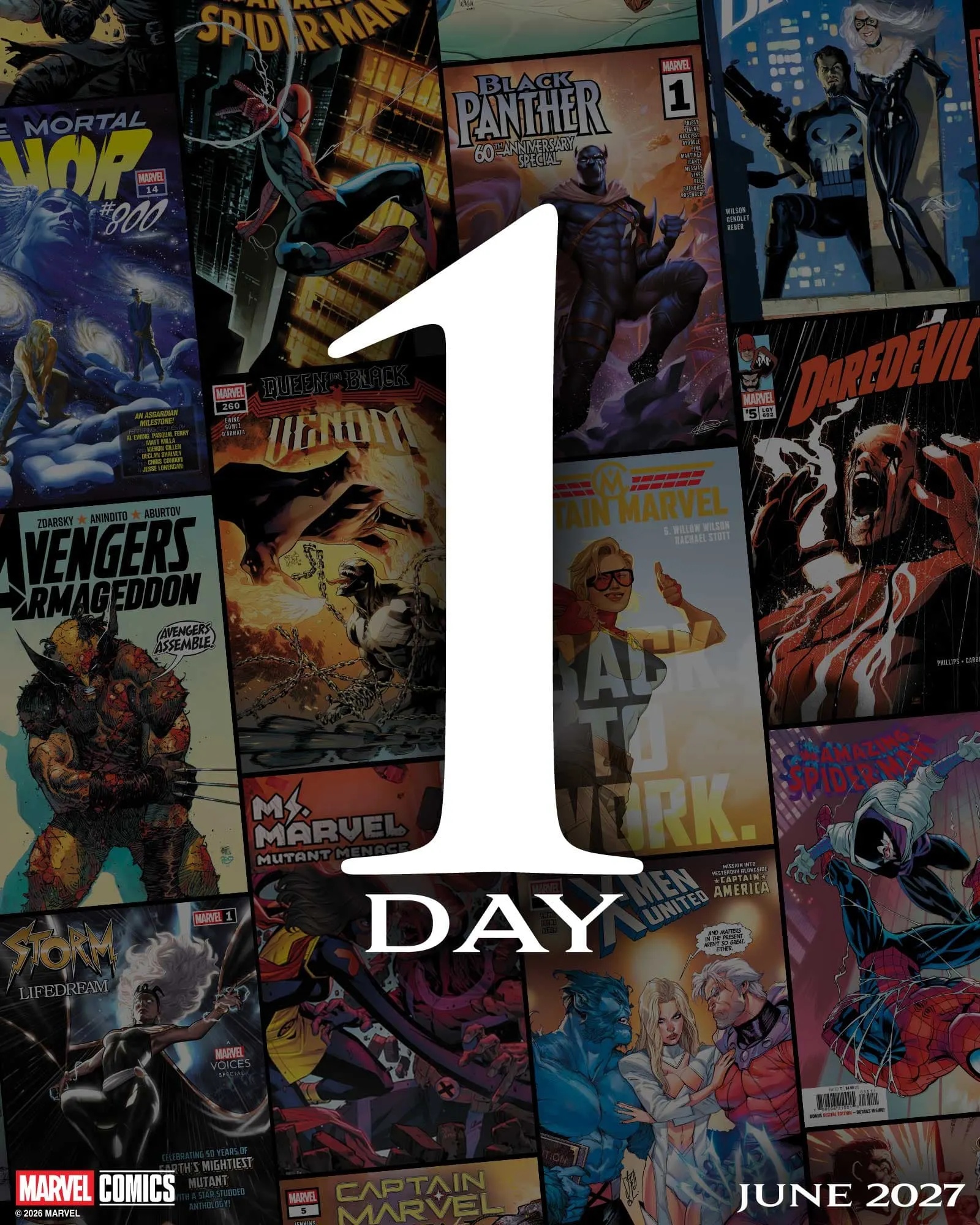 Marvel One Day teaser artwork showing a large white numeral over a collage of comic covers