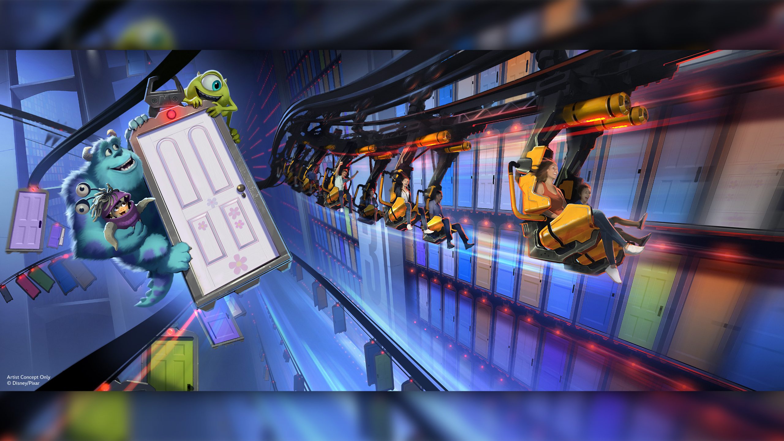 Artist concept of the Monsters, Inc. suspended door coaster