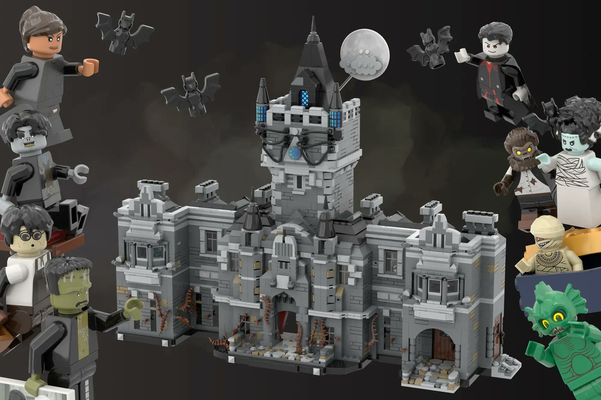 Patrick Creedon’s LEGO model of Frankenstein Manor: Monsters Unchained with Universal Monsters figures