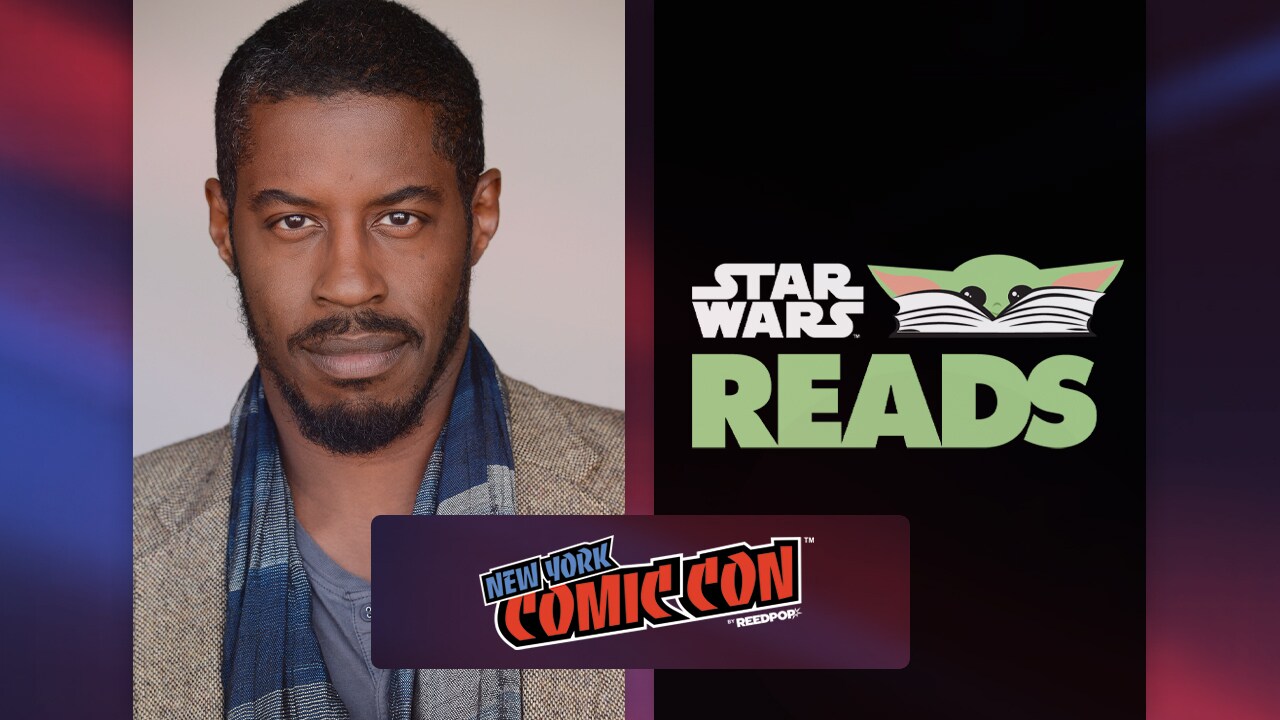 Ahmed Best beside the Star Wars Reads logo
