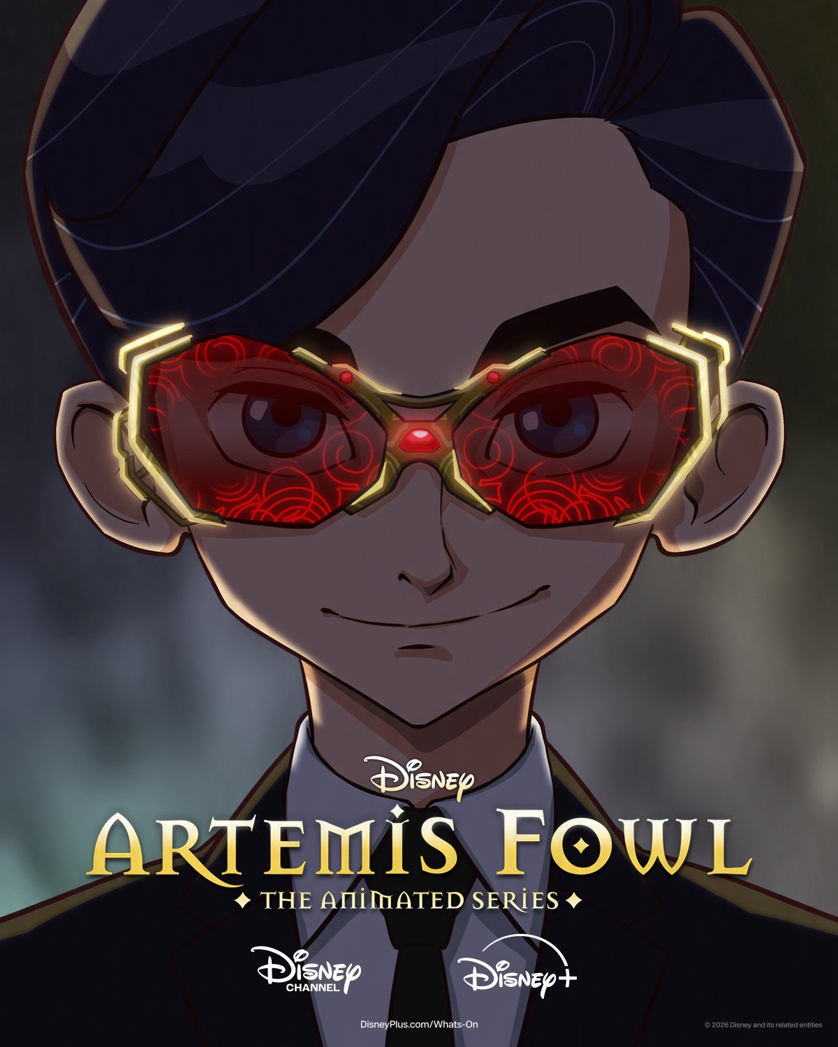 Illustrated Artemis Fowl wearing glowing red spectacles in Disney’s animated series announcement art