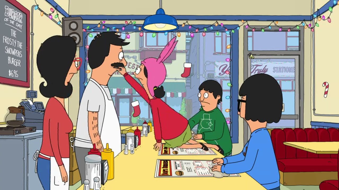 The Belcher family stands inside Bob’s Burgers under holiday decorations in the official preview for On the Fort Day of Christmas