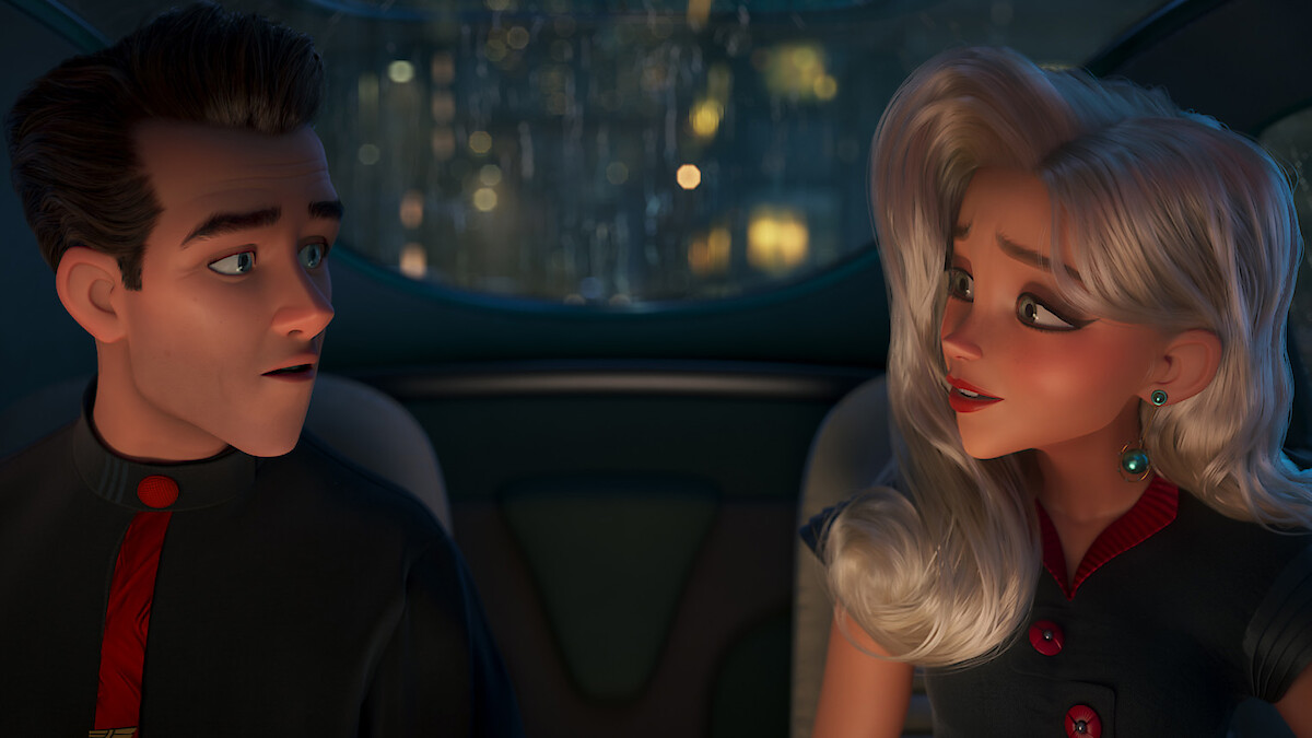 Ray Gunn and another character seated in a futuristic vehicle in Netflix’s animated film Ray Gunn
