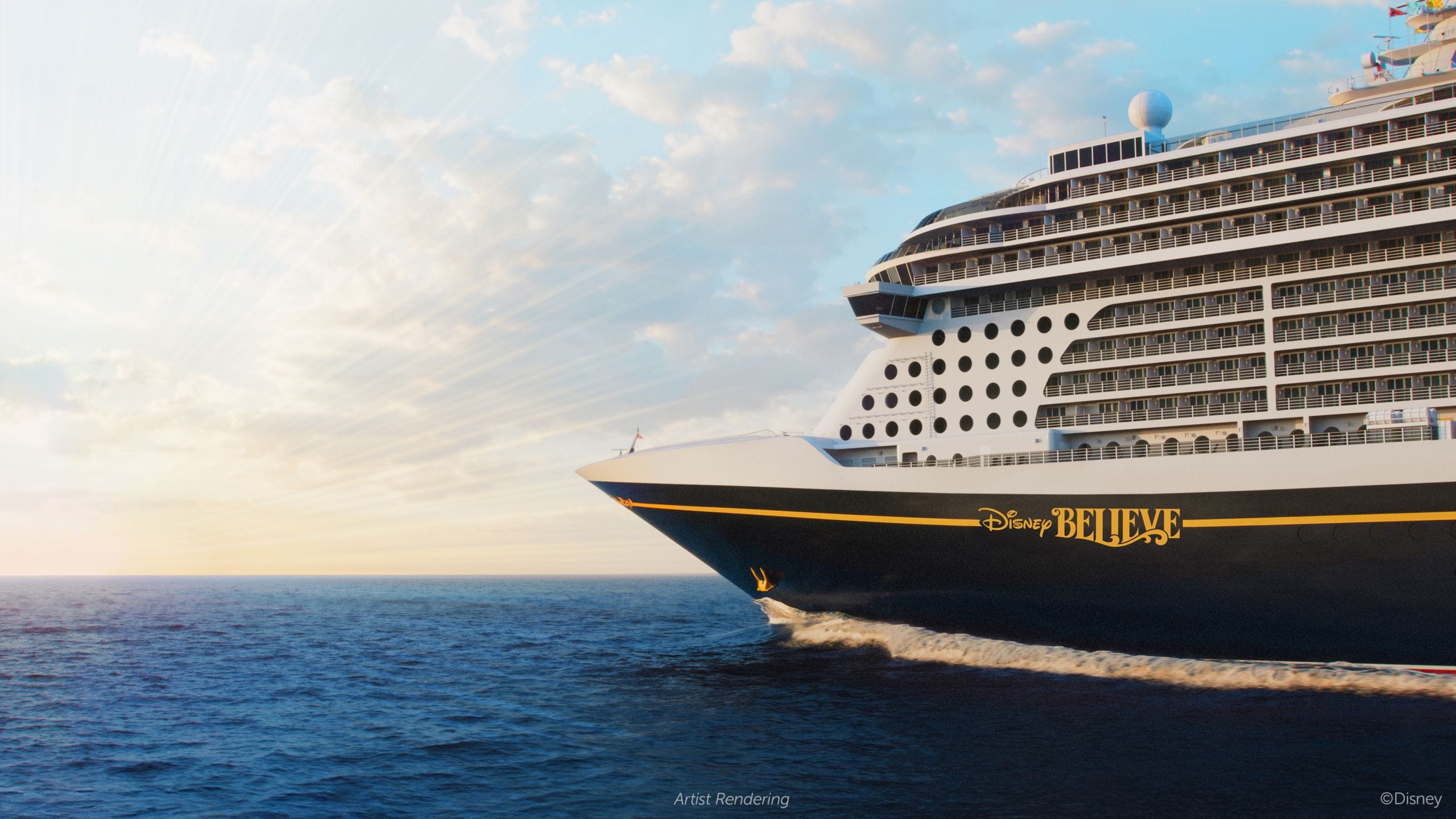 Artist rendering of the Disney Believe cruise ship sailing at sunset