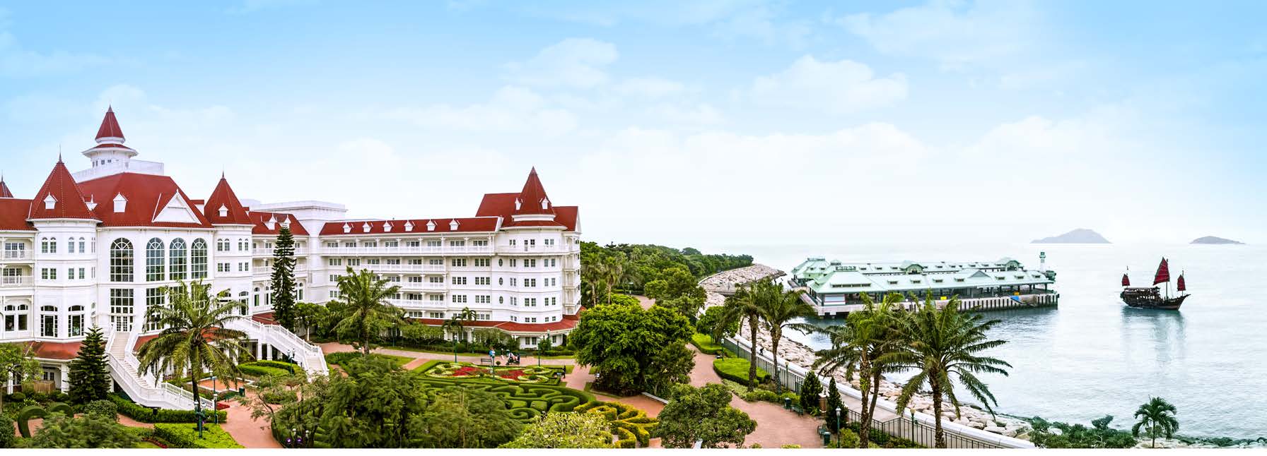 Hong Kong Disneyland Hotel and its waterfront gardens on Lantau Island