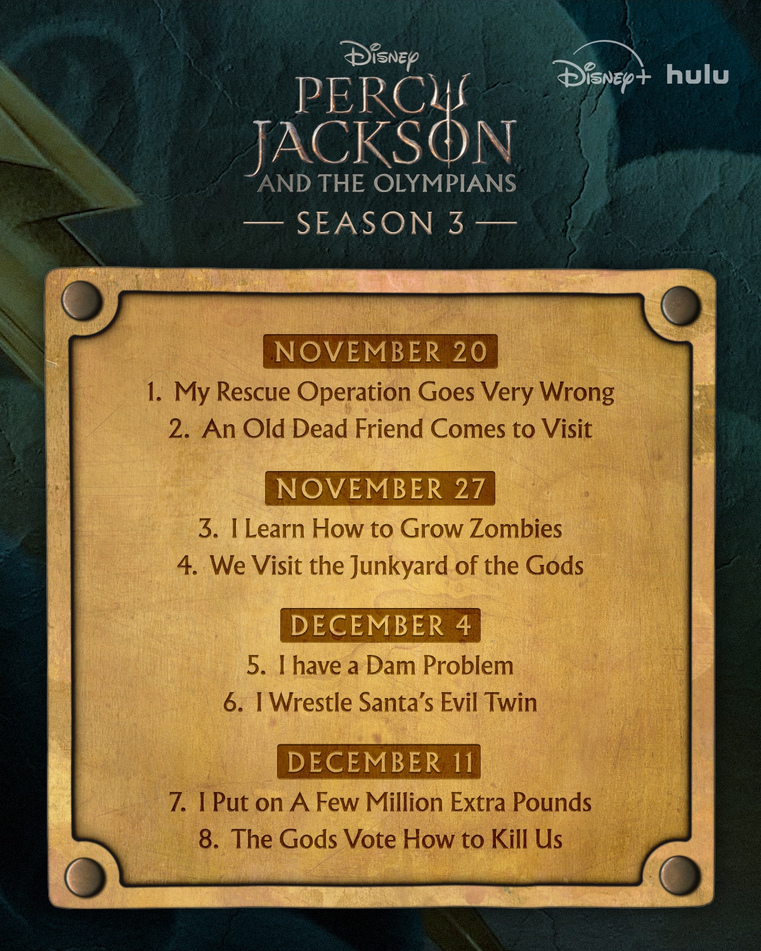 Percy Jackson and the Olympians Season 3 poster listing eight episodes and four paired release dates