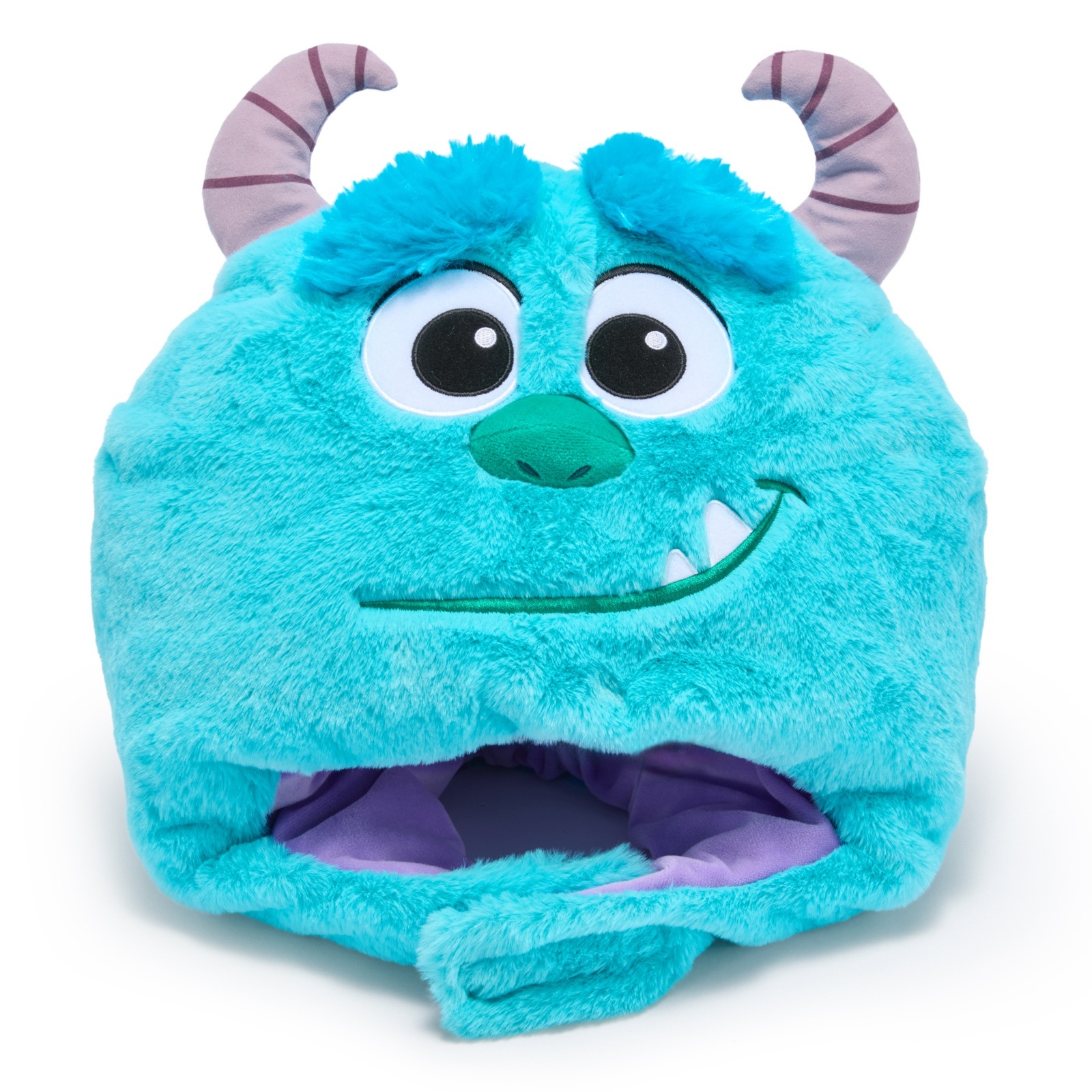 Sulley plush hat with turquoise fur, striped horns and an embroidered face