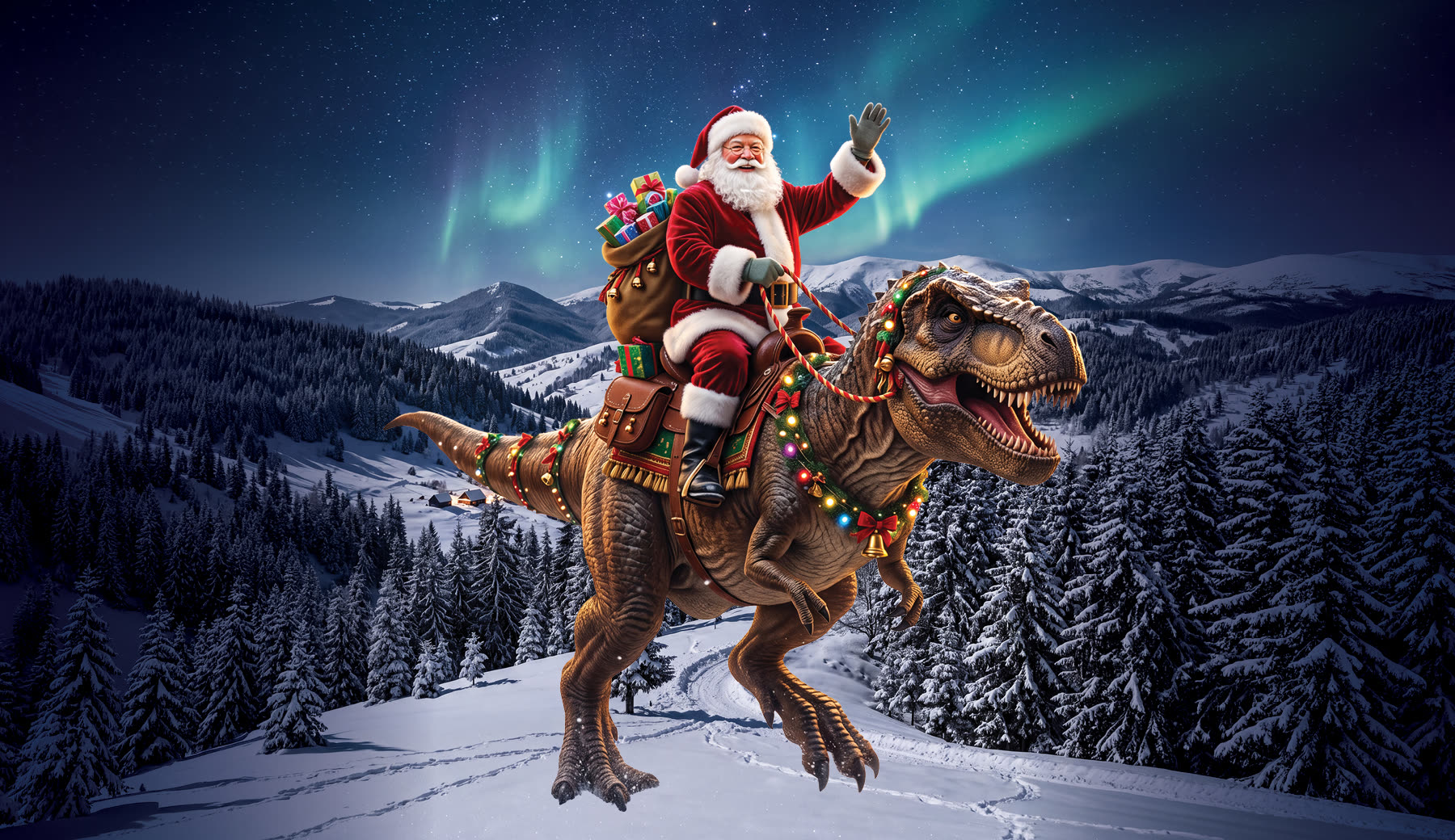 Santa rides a Christmas-light-covered Tyrannosaurus rex through a snowy landscape in T-REX Cafe’s Breakfast With Santa artwork