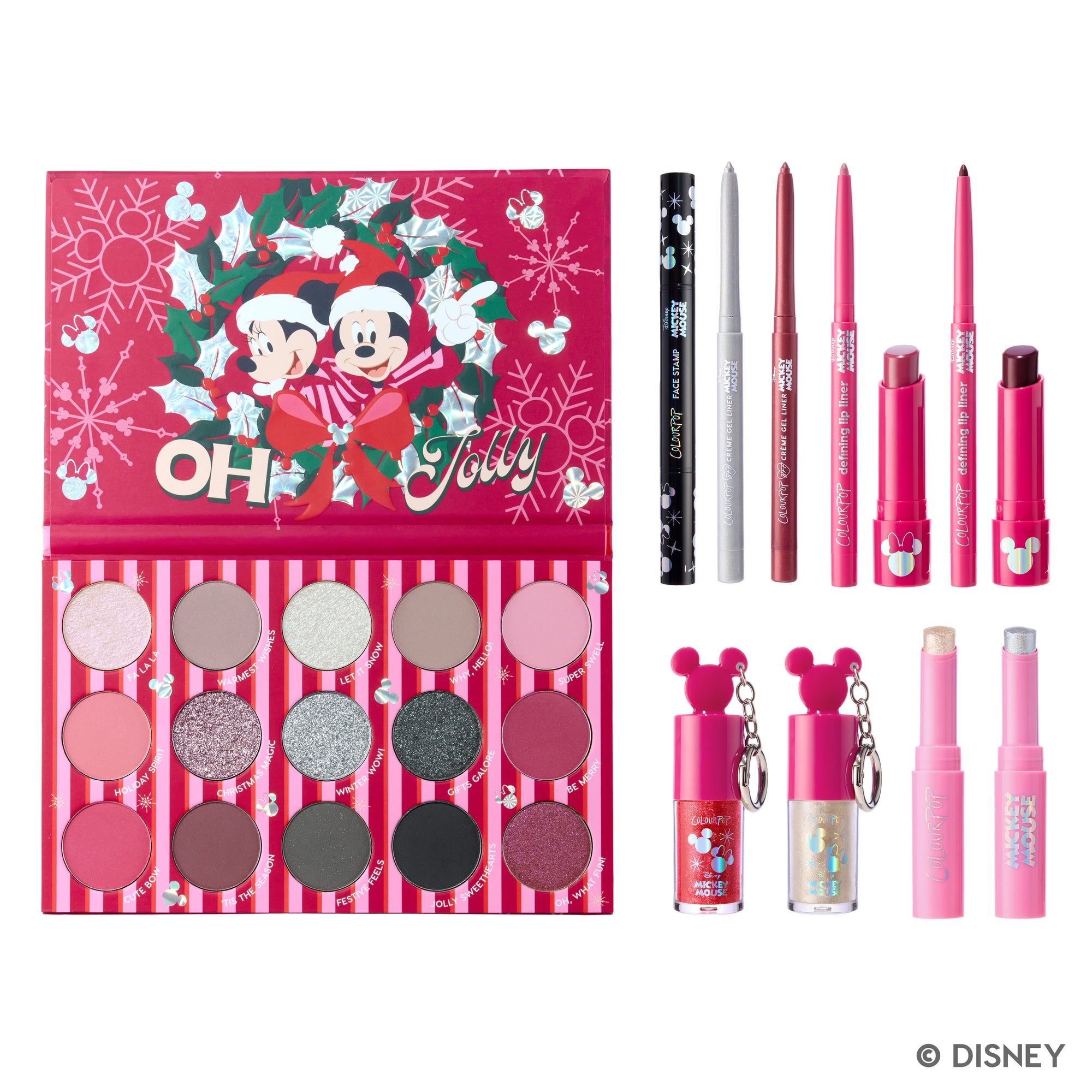 A Very Mickey Christmas palette, liners, lip kits and Mickey and Minnie gloss keychains