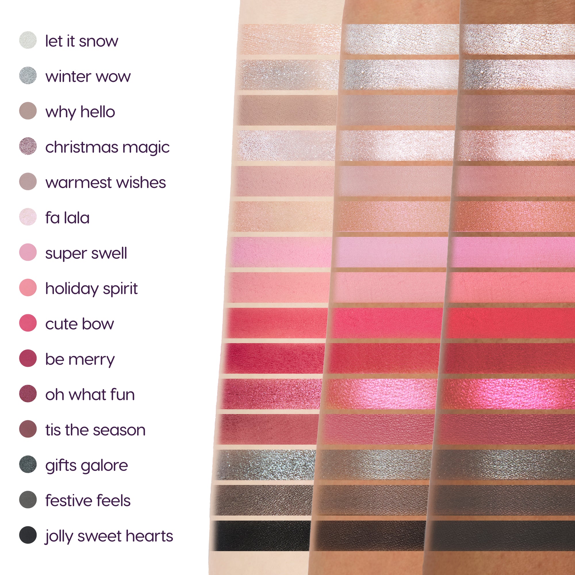 Swatches of all 15 shades in the A Very Mickey Christmas Eyeshadow Palette