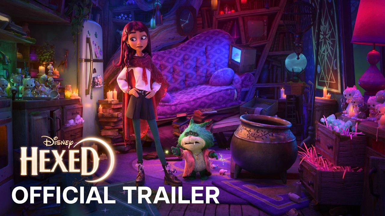 Billie Doe and a small magical creature appear above a glowing cauldron in the official Hexed trailer art