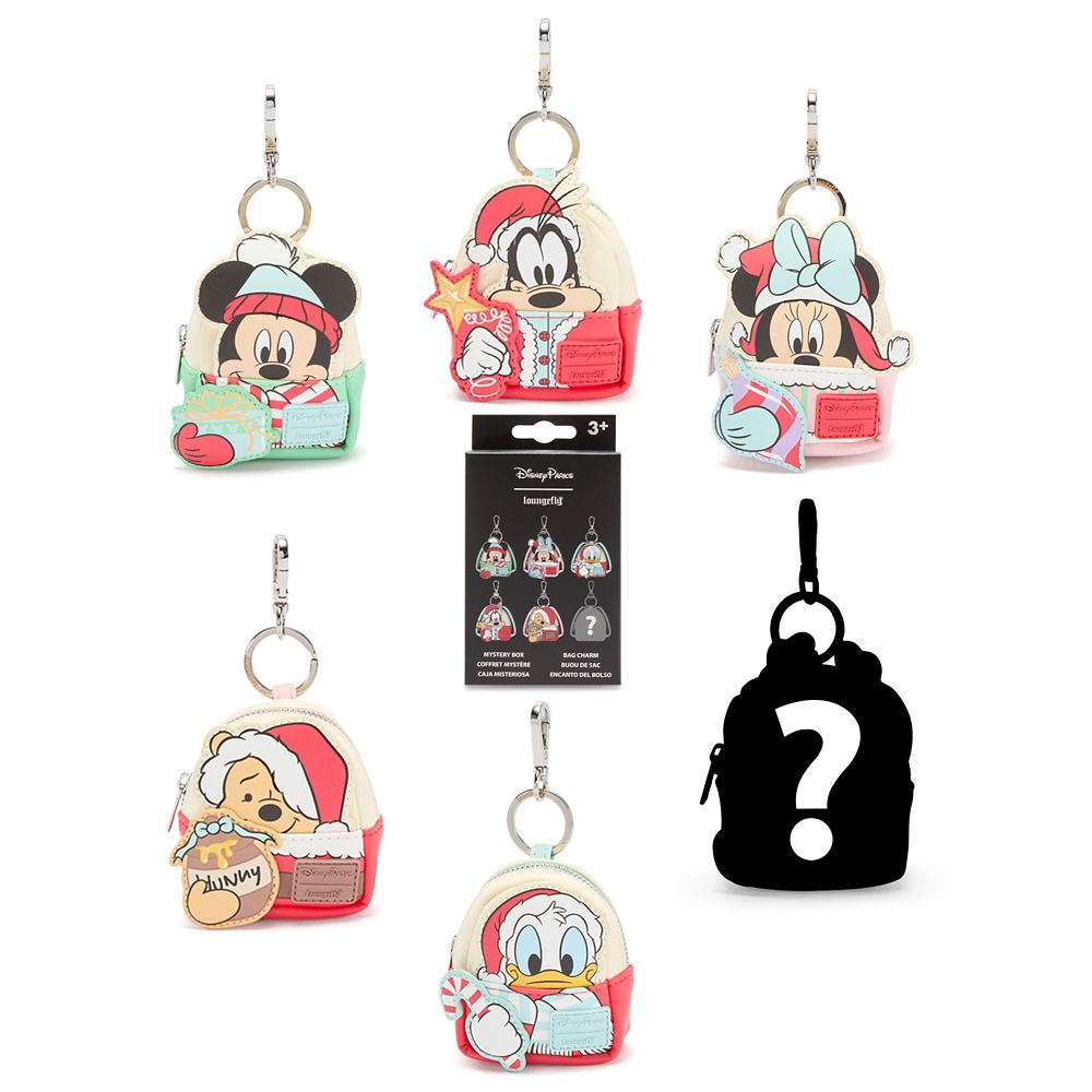 Five Disney holiday Loungefly mini backpack charms, one mystery silhouette and the blind-box package