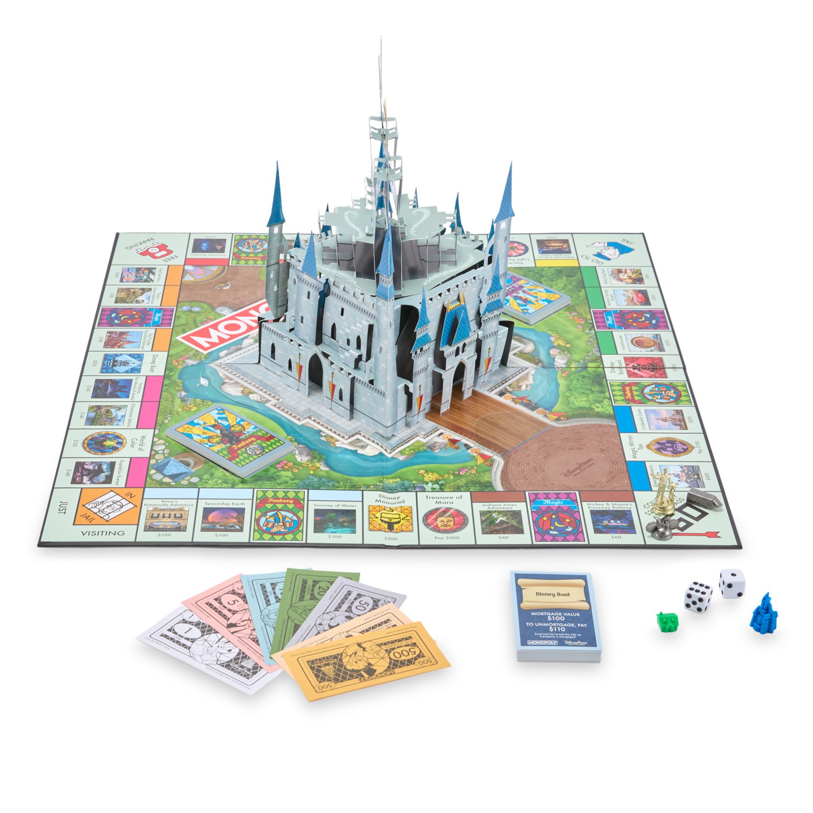 Disney Parks Monopoly board with a pop-up Fantasyland castle