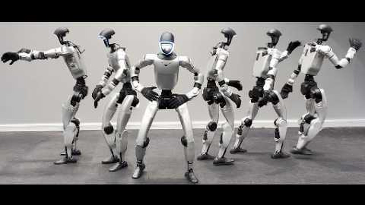 Six poses show a humanoid robot demonstrating different walking styles in Disney Research’s Walk Like This video
