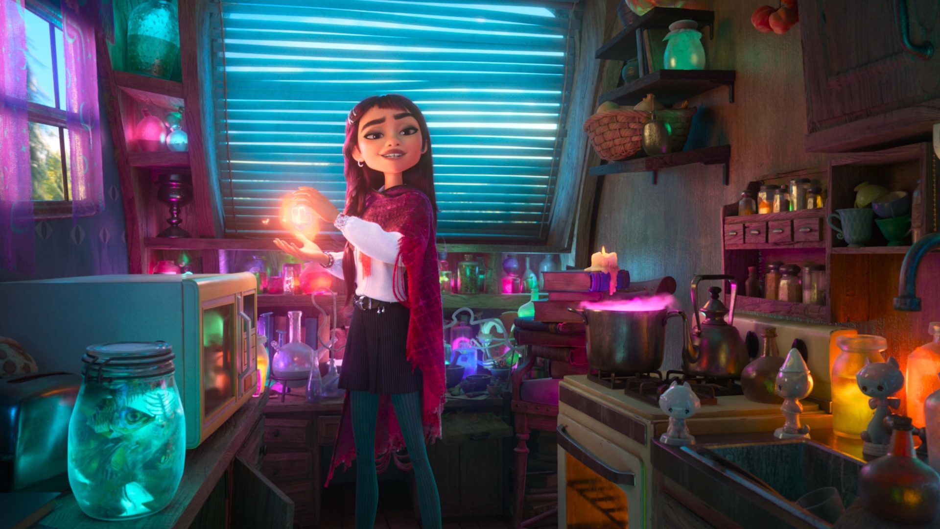 Billie Doe conjures a glowing spark of magic inside Beef Roger Crummchuk’s home in Disney’s Hexed
