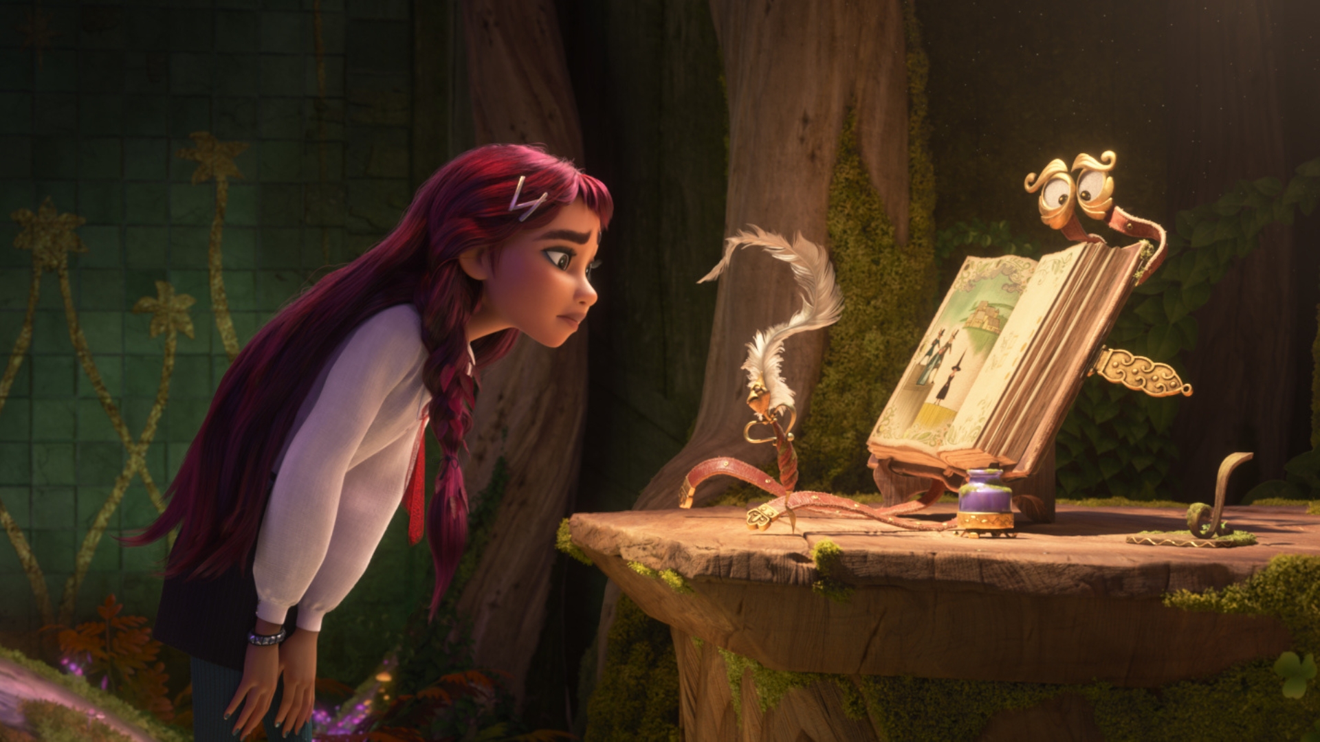 Billie Doe talks with the enchanted pen Quill and magical journal Quire