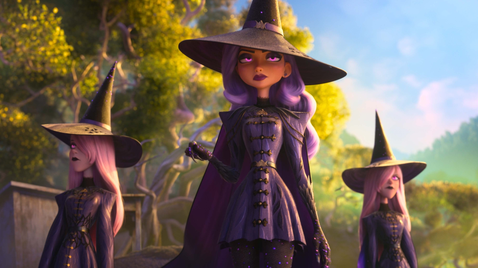 Three purple-haired witches walk together through Hexe