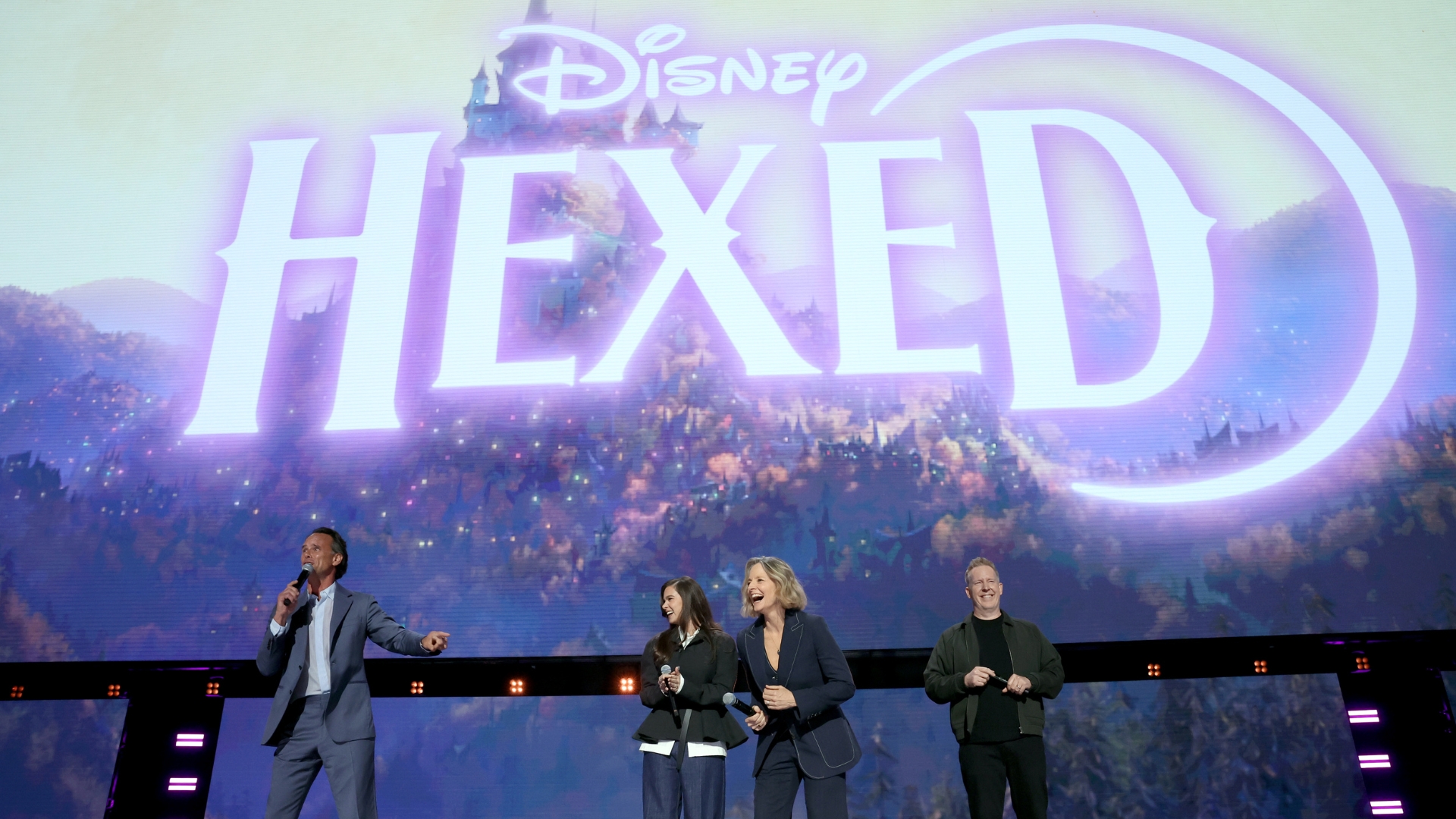 Walton Goggins, Hailee Steinfeld, Jodie Foster and Jared Bush discuss Hexed onstage at D23