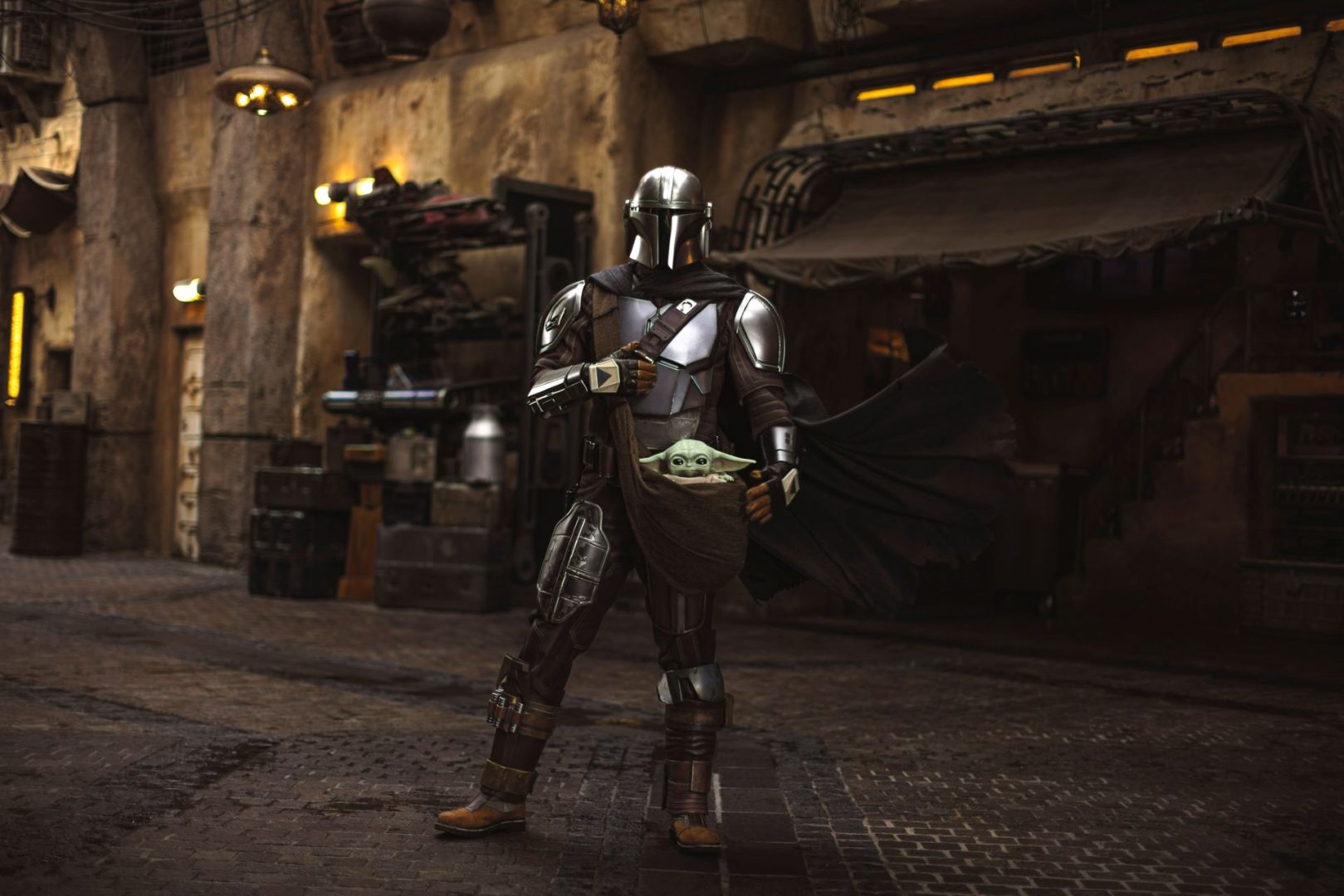 The Mandalorian standing beside Grogu in a carrier at Disney Parks