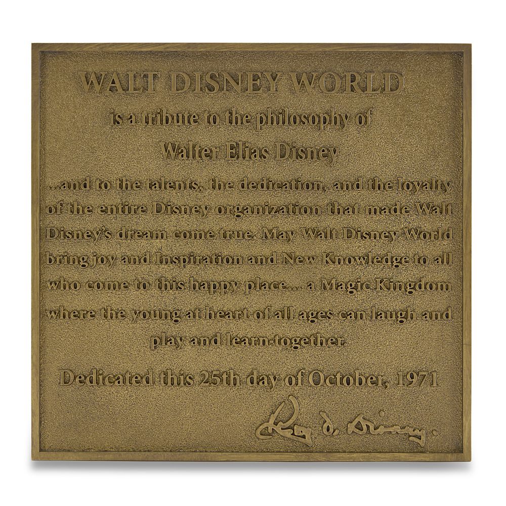 Antiqued bronze Walt Disney World dedication plaque replica with raised lettering