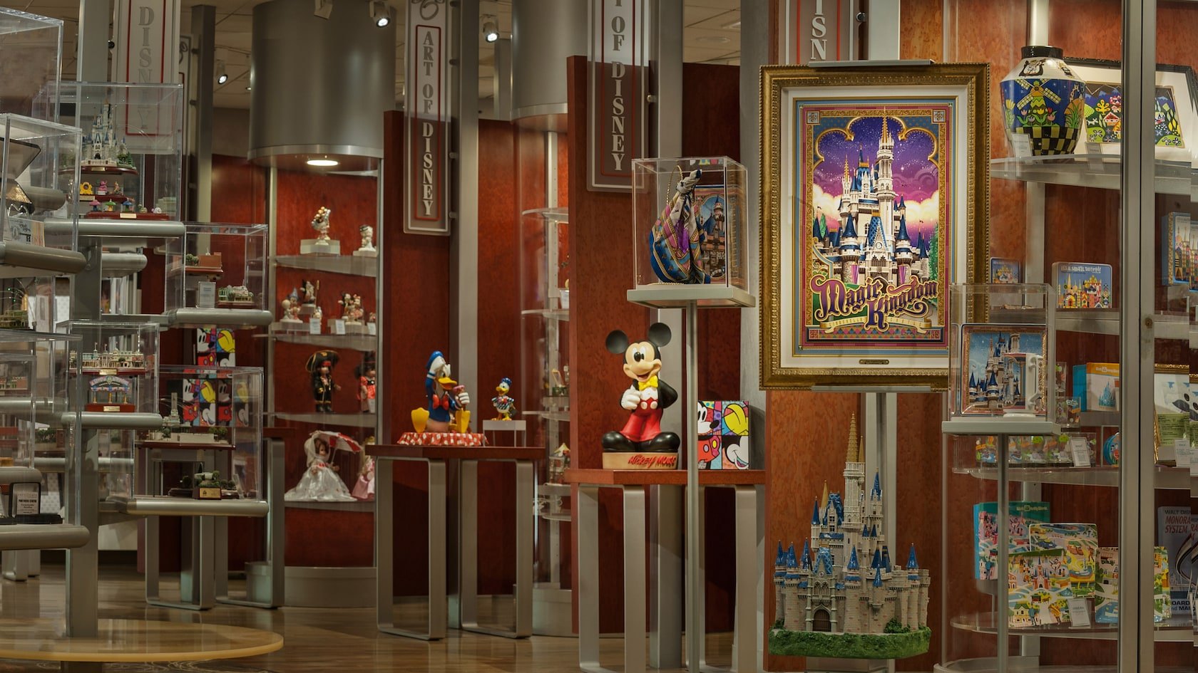 The entrance and artwork displays inside Art of Disney at EPCOT