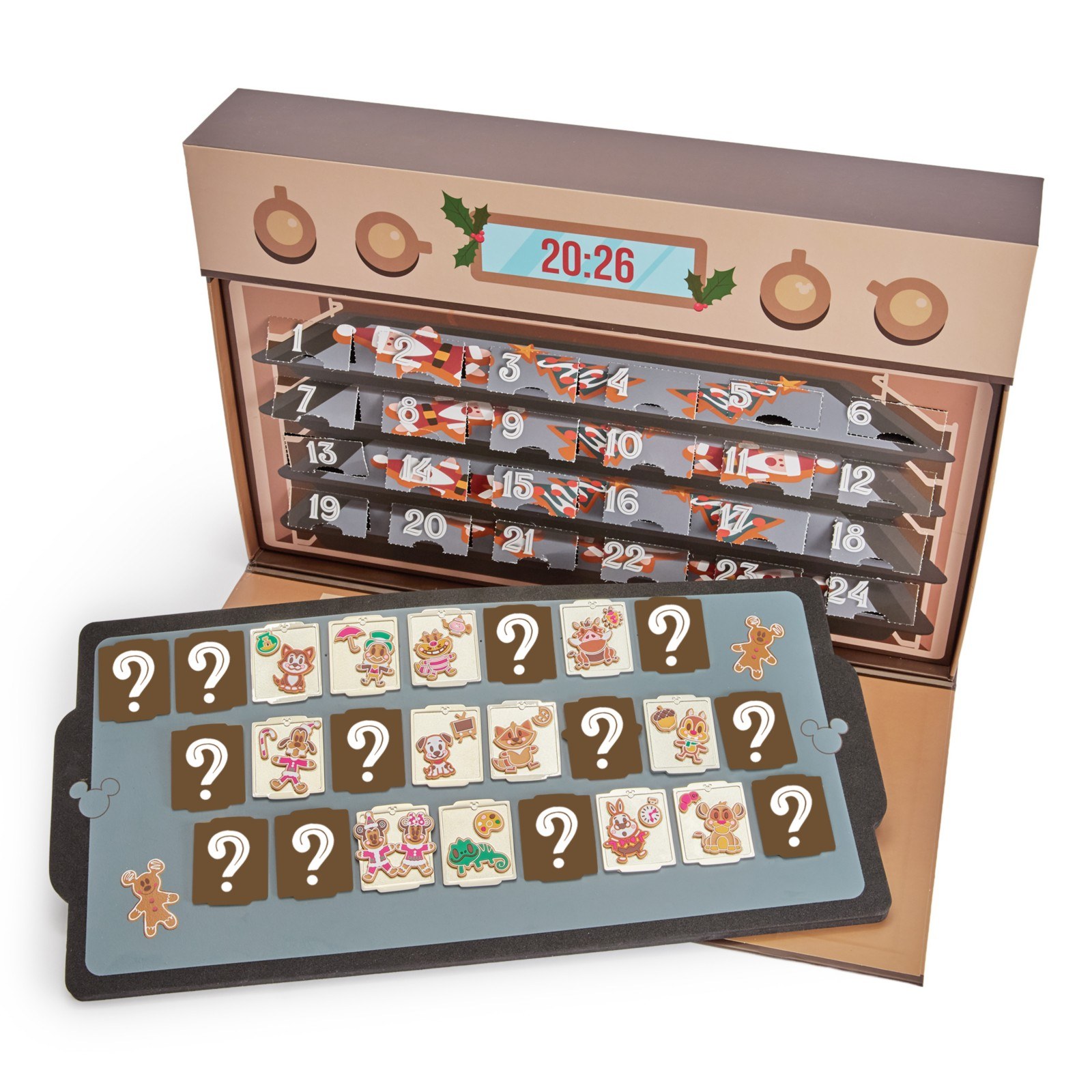 Disney Christmas Cookie mystery pins displayed with the oven-shaped advent calendar case