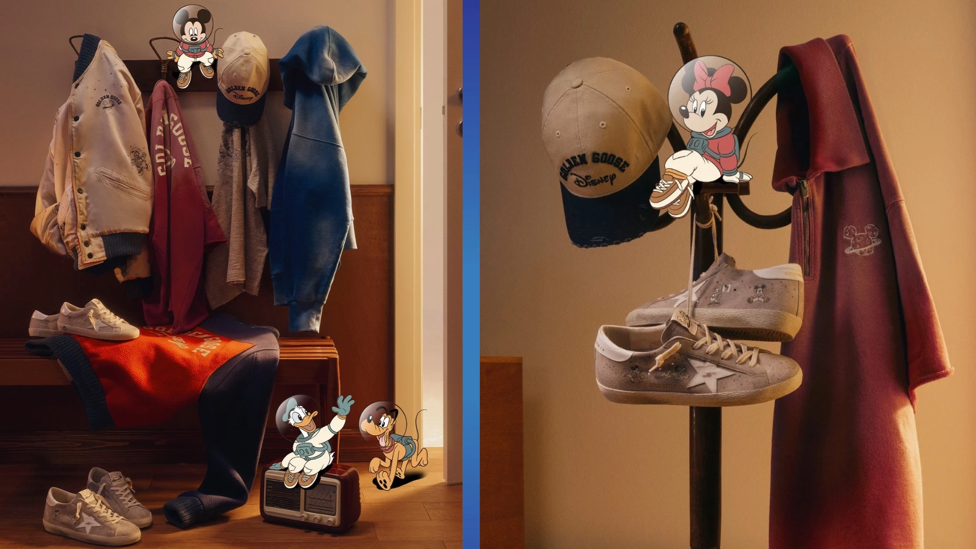 Disney and Golden Goose space collection with sneakers, jackets, caps and Mickey & Friends astronaut artwork