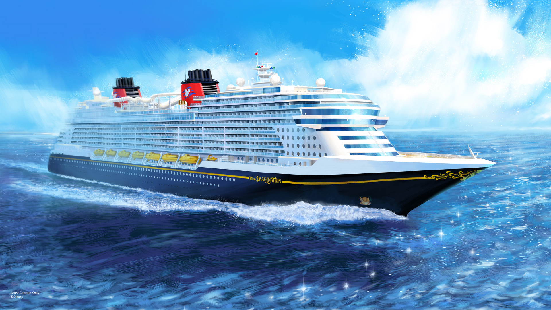 Official rendering of the Disney Imagination cruise ship at sea